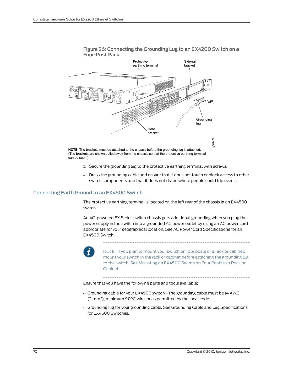 Juniper Networks EX2200 manual Connecting Earth Ground to an EX4500 Switch 