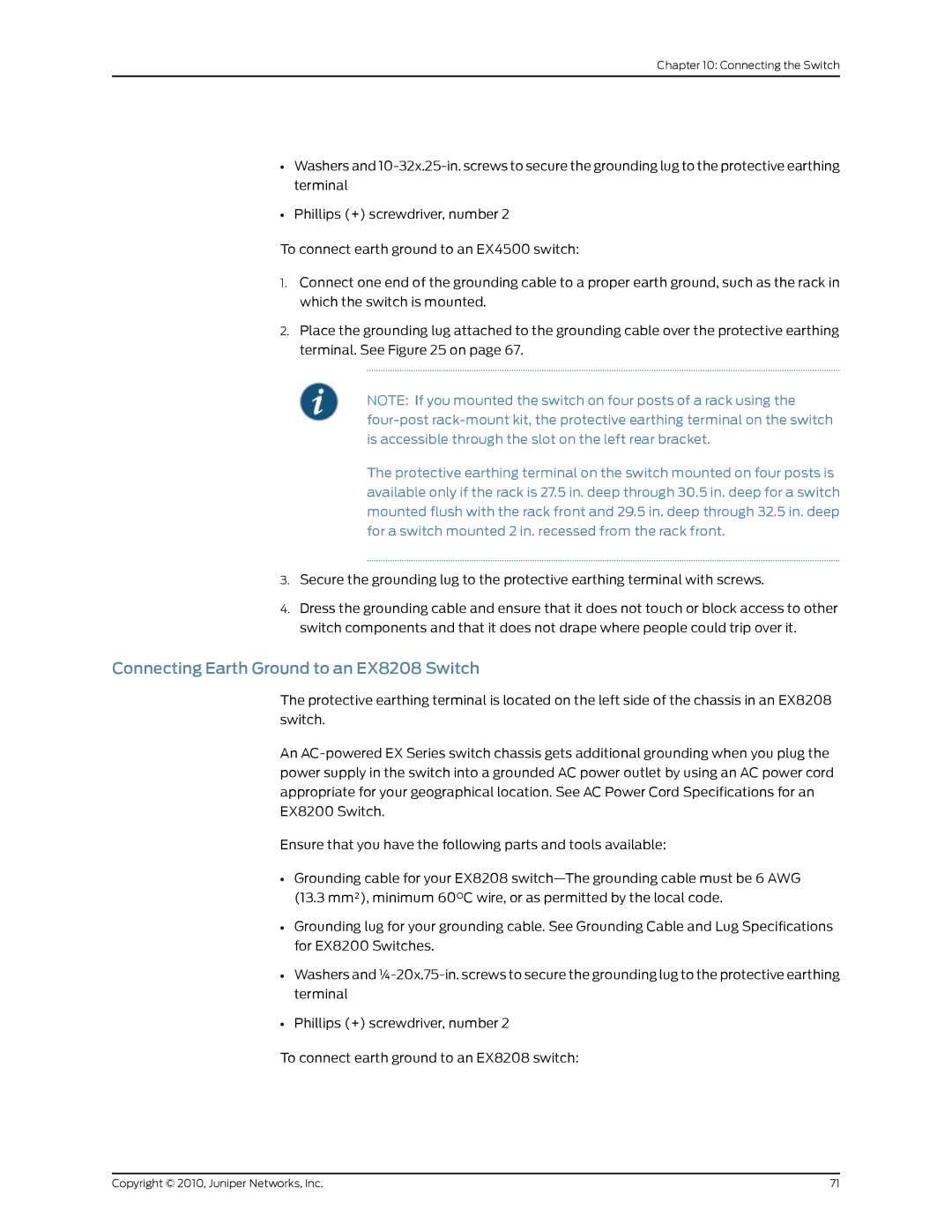 Juniper Networks EX2200 manual Connecting Earth Ground to an EX8208 Switch 