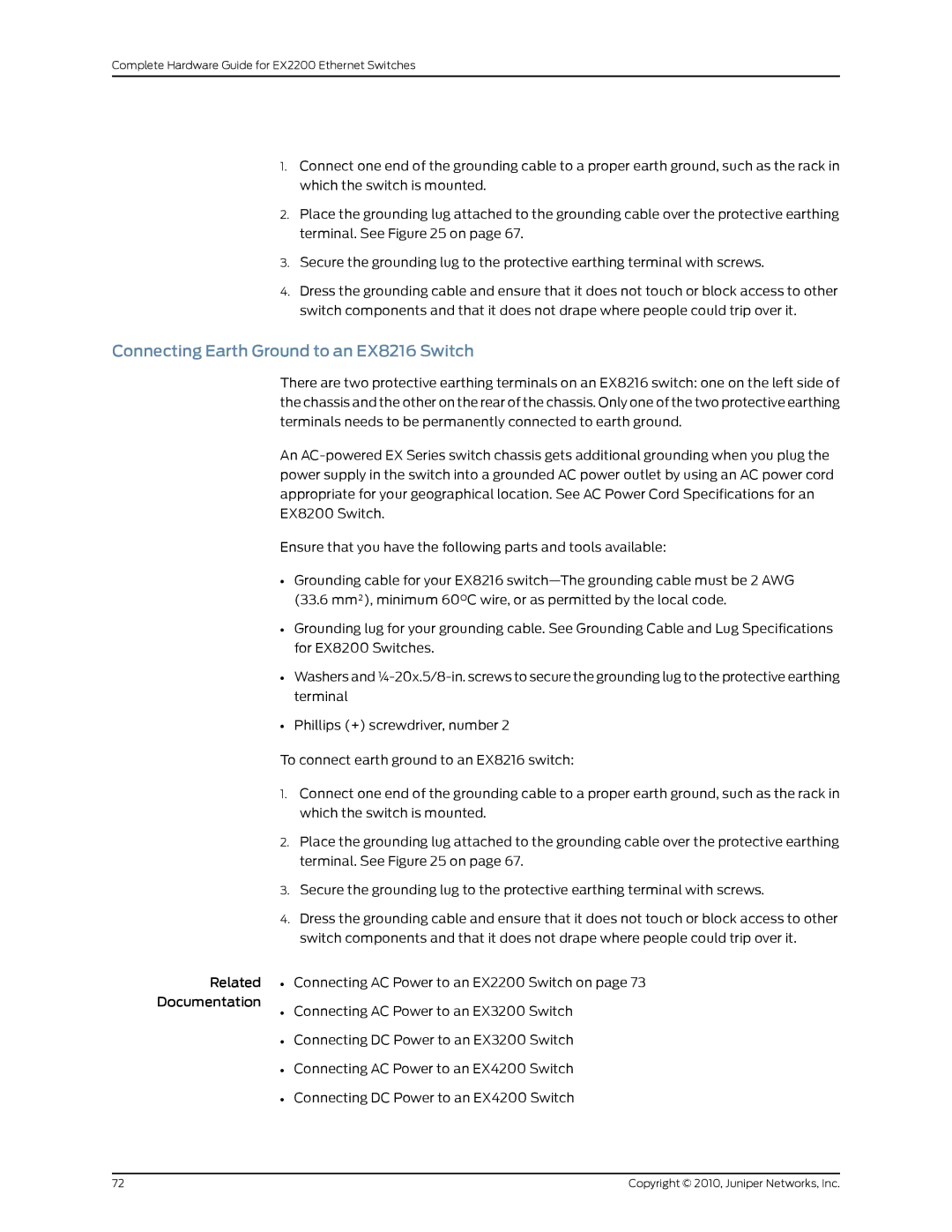 Juniper Networks EX2200 manual Connecting Earth Ground to an EX8216 Switch 