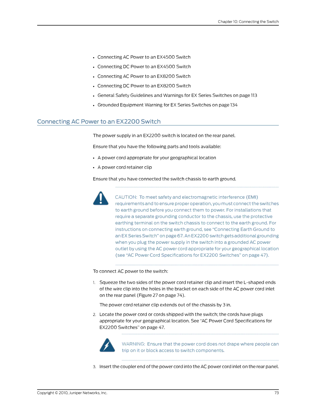 Juniper Networks manual Connecting AC Power to an EX2200 Switch 