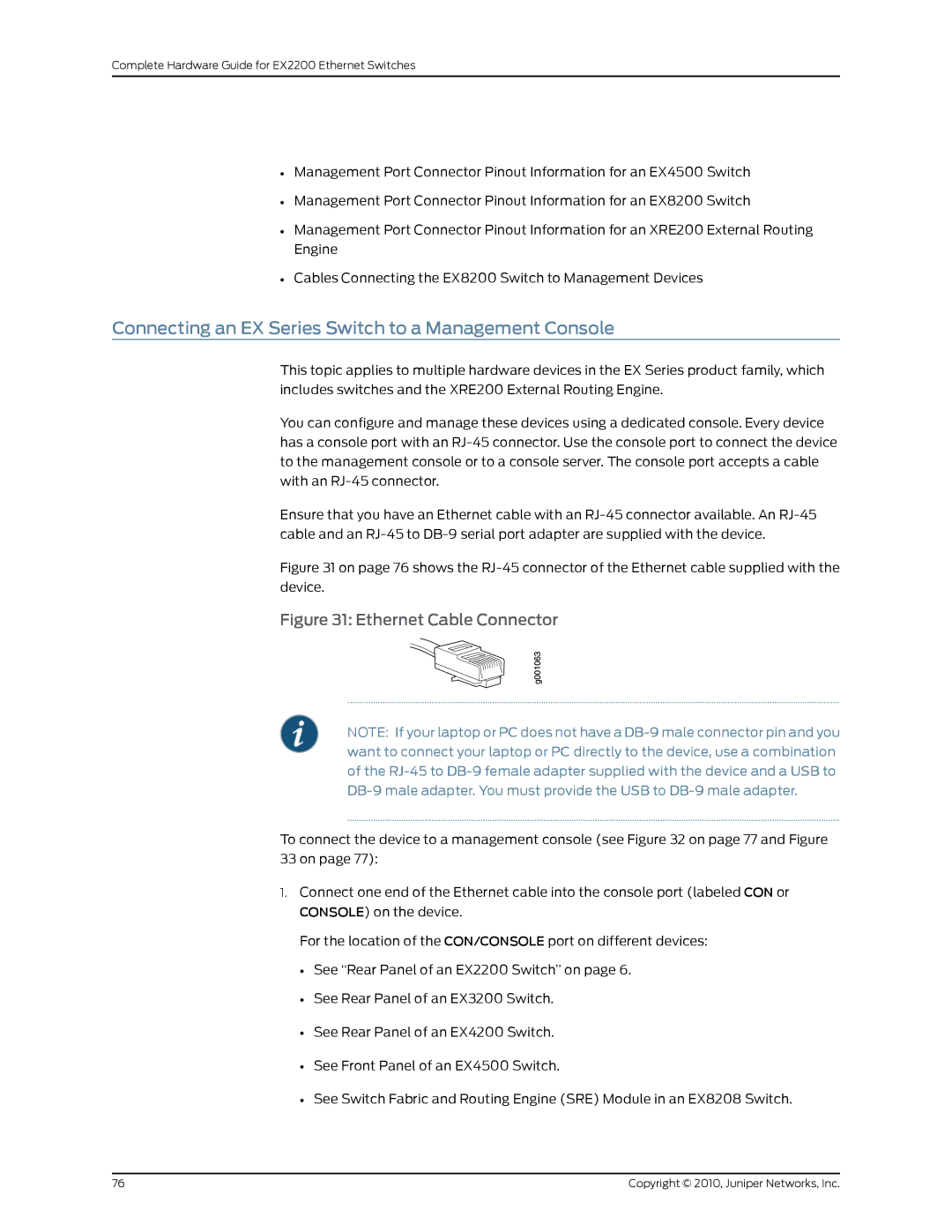 Juniper Networks EX2200 manual Connecting an EX Series Switch to a Management Console 