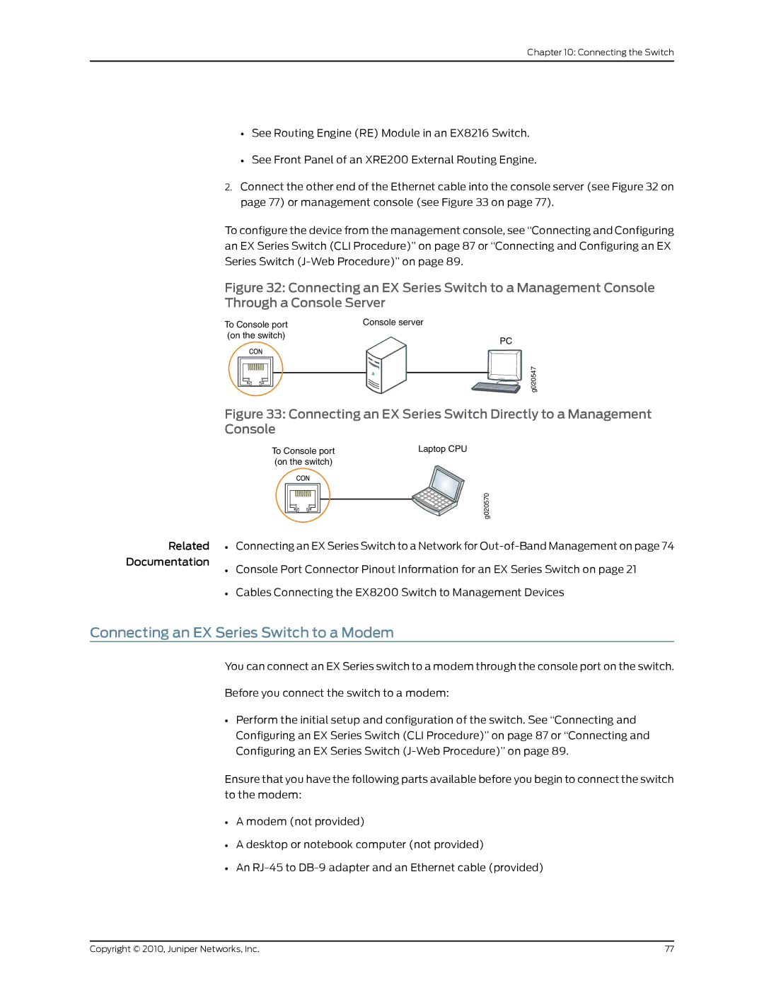 Juniper Networks EX2200 manual Connecting an EX Series Switch to a Modem, Console 