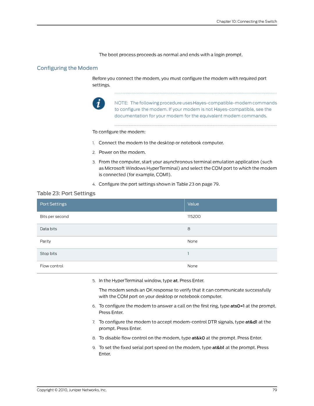 Juniper Networks EX2200 manual Configuring the Modem, Port Settings Value 