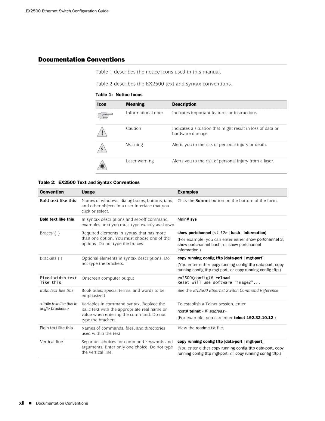 Juniper Networks EX2500 manual Documentation Conventions, Icon Meaning Description 