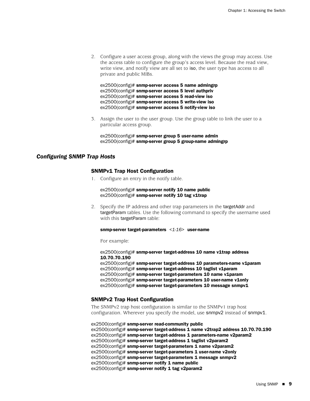 Juniper Networks EX2500 manual Configuring Snmp Trap Hosts, SNMPv1 Trap Host Configuration, SNMPv2 Trap Host Configuration 