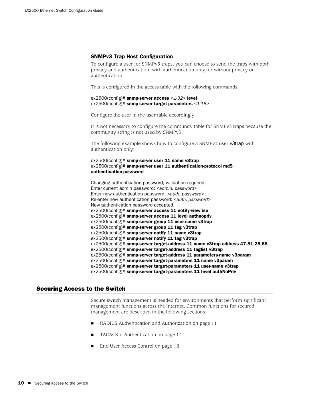 Juniper Networks EX2500 manual Securing Access to the Switch, SNMPv3 Trap Host Configuration 