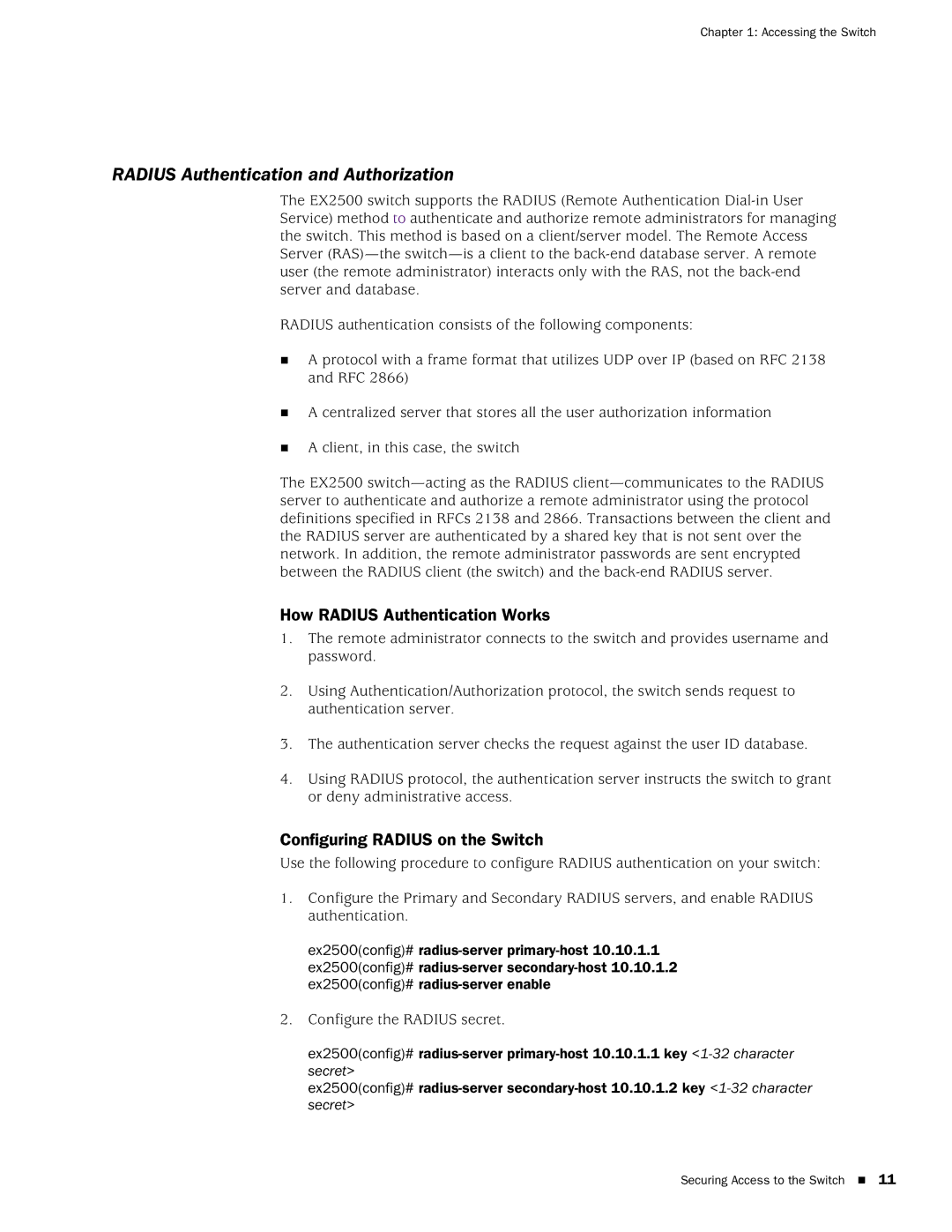 Juniper Networks EX2500 manual Radius Authentication and Authorization, How Radius Authentication Works 