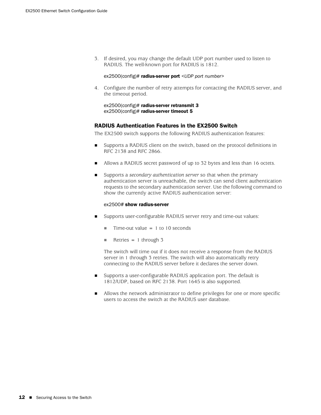 Juniper Networks manual Radius Authentication Features in the EX2500 Switch 