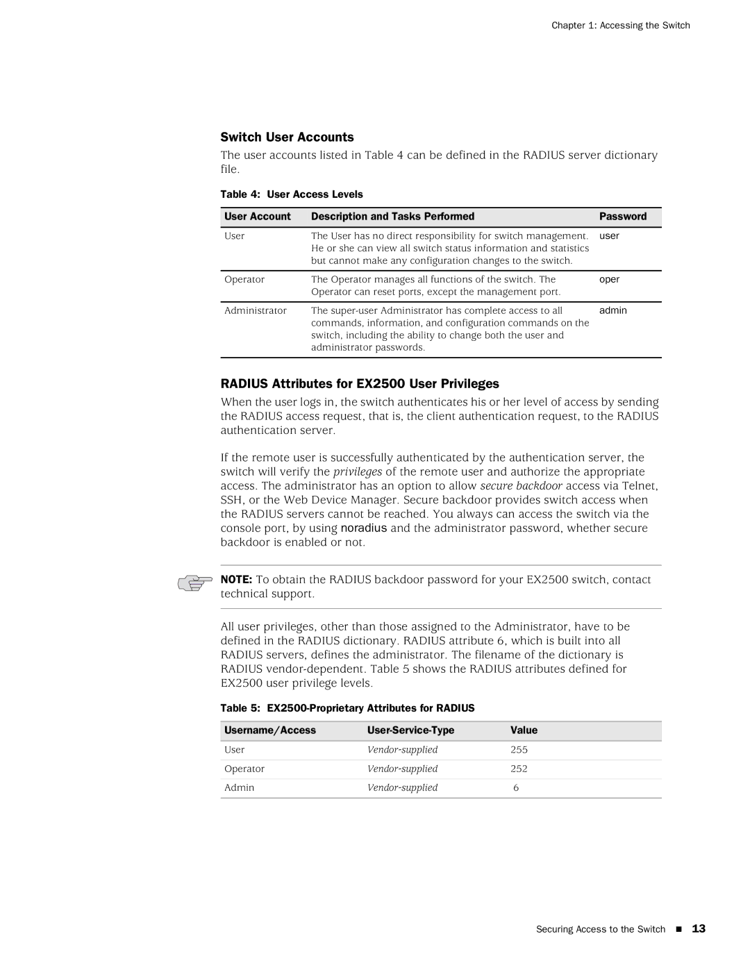 Juniper Networks manual Switch User Accounts, Radius Attributes for EX2500 User Privileges 