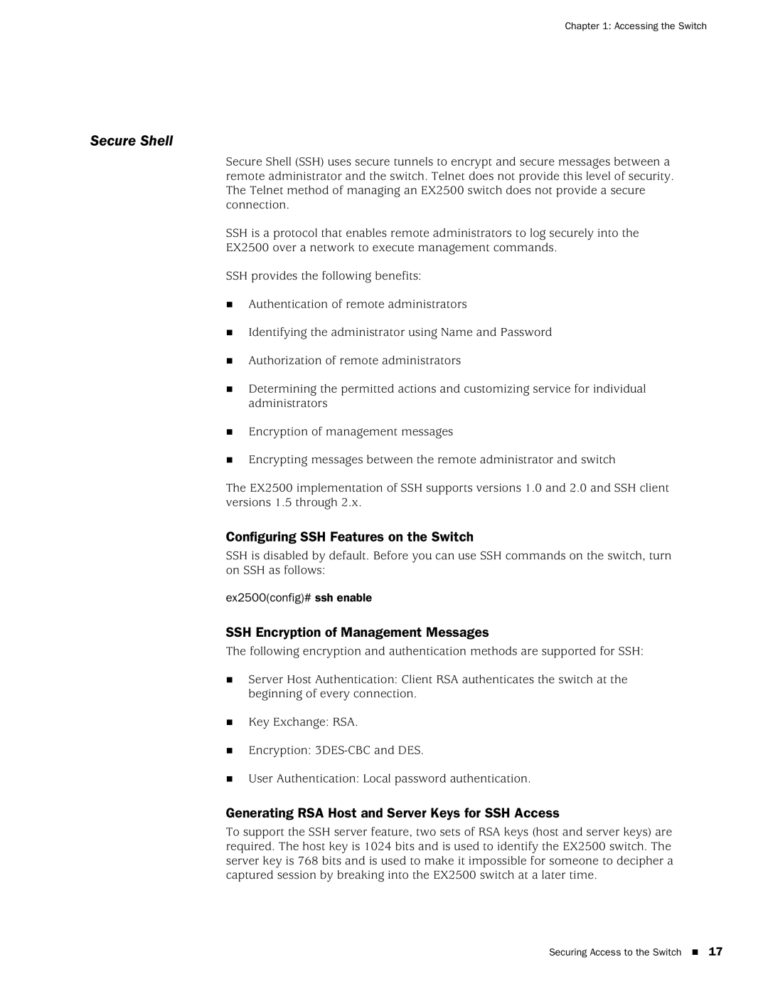 Juniper Networks EX2500 manual Secure Shell, Configuring SSH Features on the Switch, SSH Encryption of Management Messages 