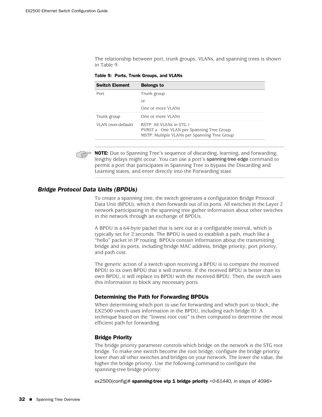 Juniper Networks EX2500 manual Bridge Protocol Data Units BPDUs, Determining the Path for Forwarding BPDUs, Bridge Priority 