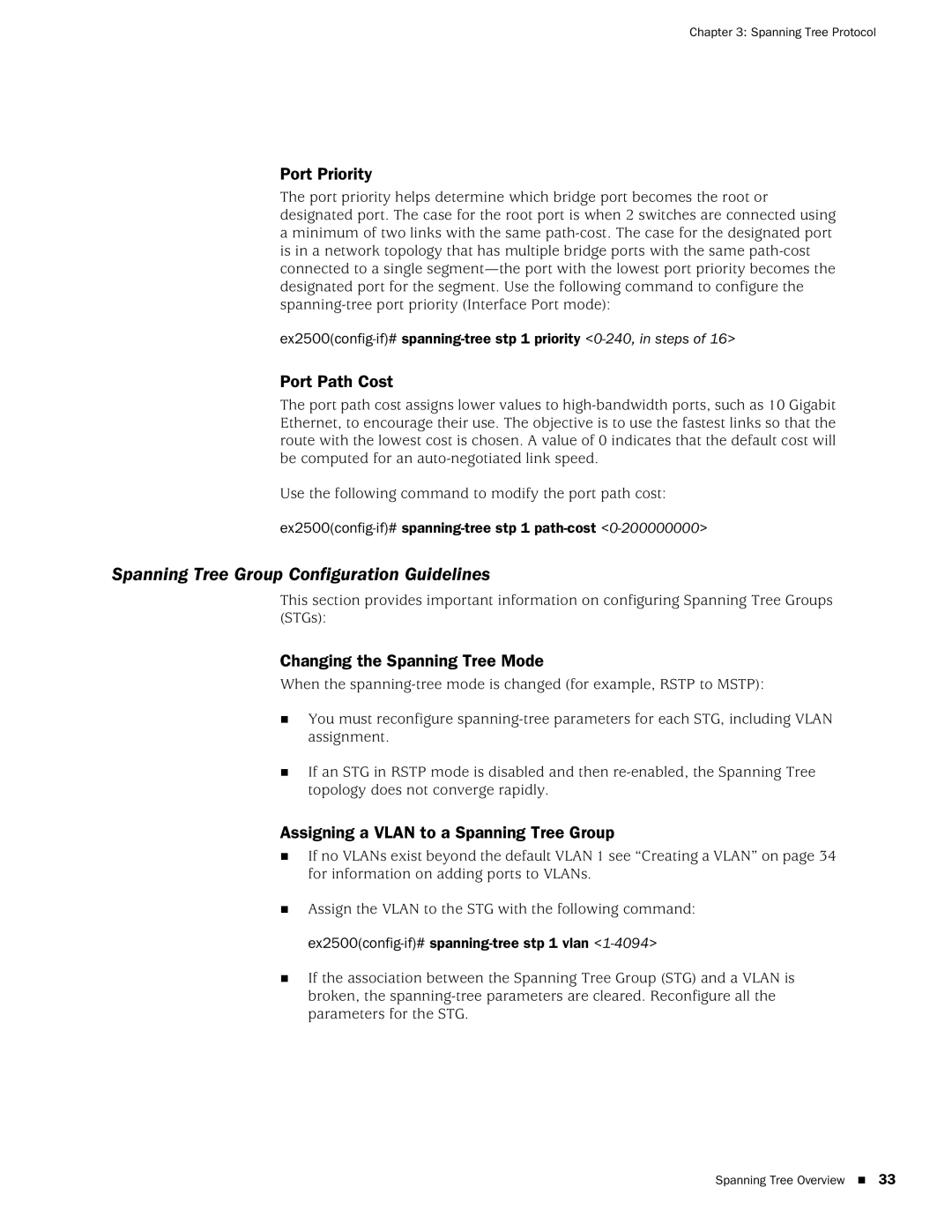 Juniper Networks EX2500 manual Spanning Tree Group Configuration Guidelines, Port Priority, Port Path Cost 