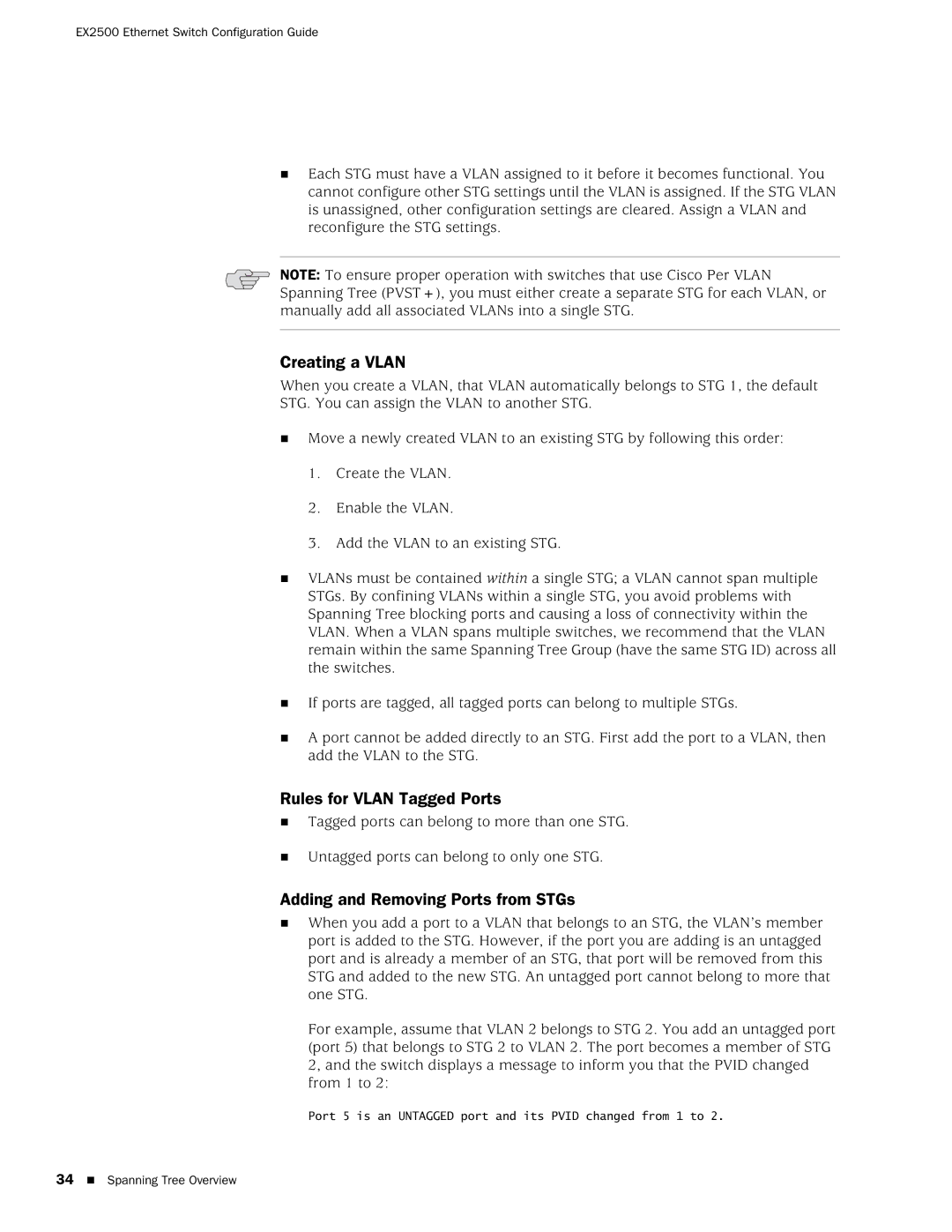 Juniper Networks EX2500 manual Creating a Vlan, Rules for Vlan Tagged Ports, Adding and Removing Ports from STGs 