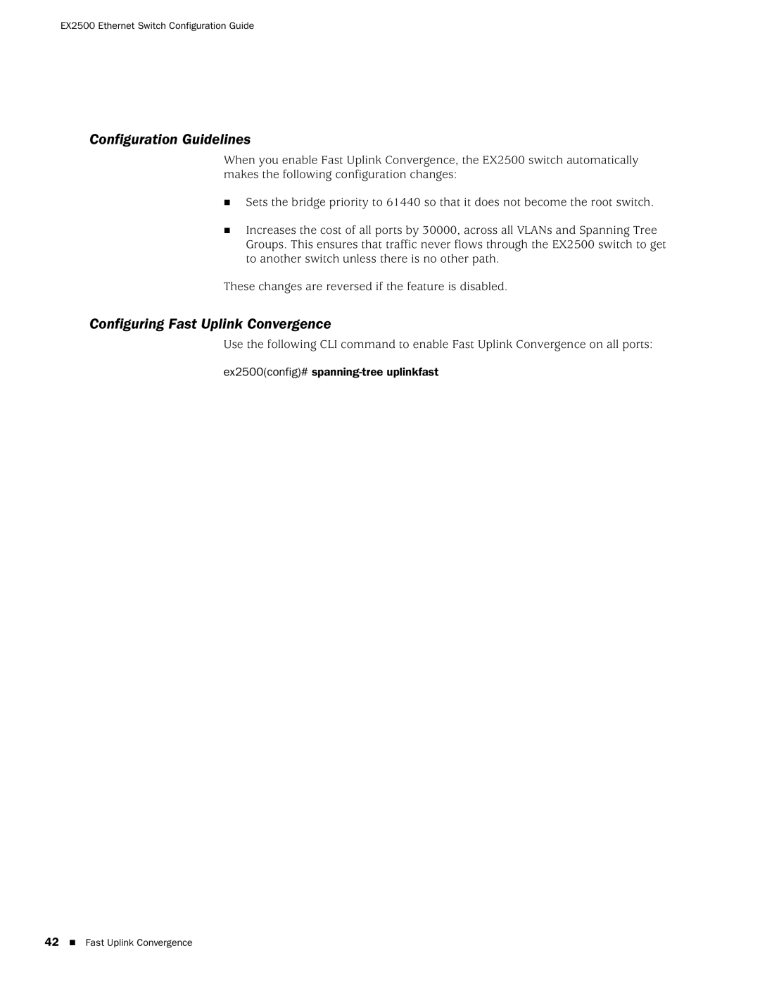 Juniper Networks EX2500 manual Configuration Guidelines, Configuring Fast Uplink Convergence 