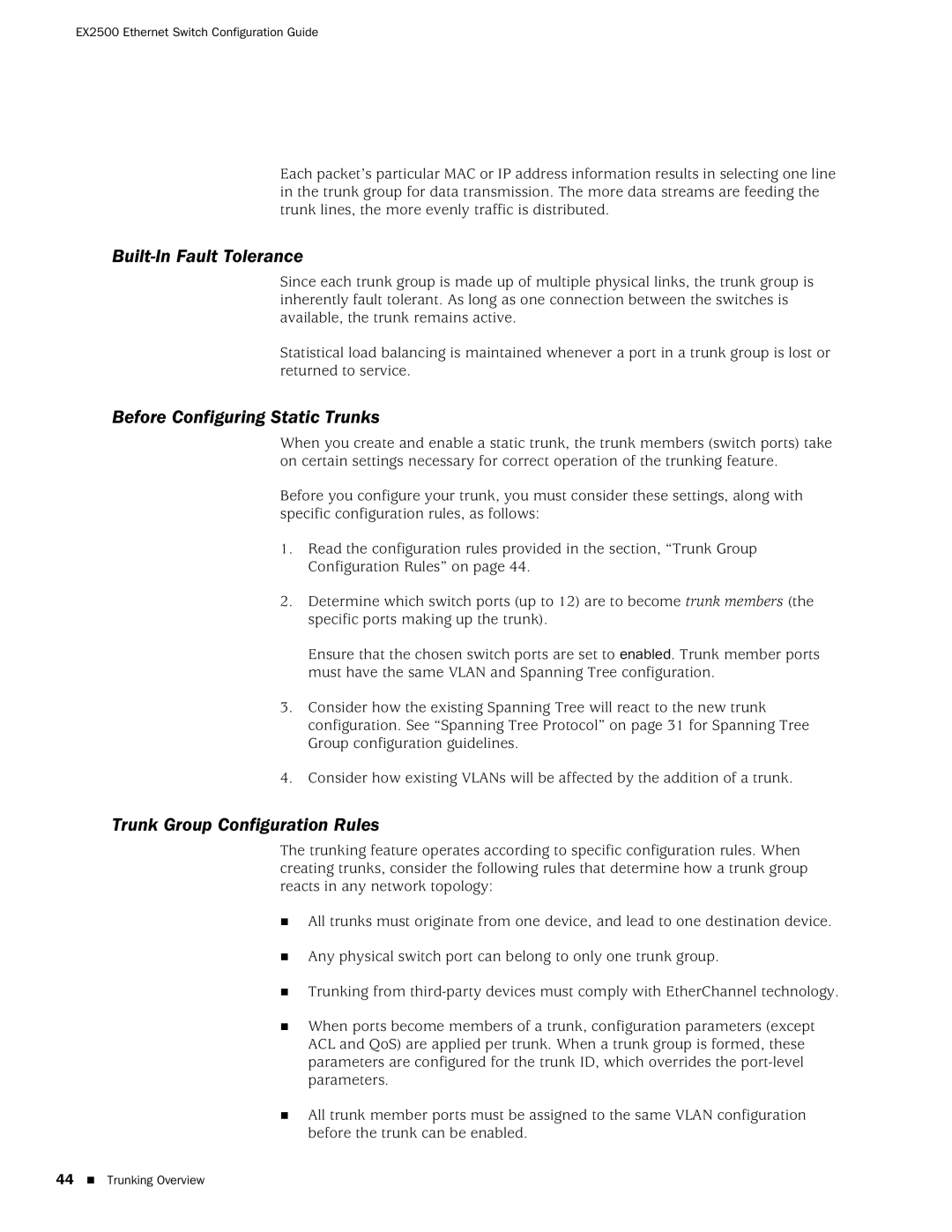 Juniper Networks EX2500 manual Built-In Fault Tolerance, Before Configuring Static Trunks, Trunk Group Configuration Rules 