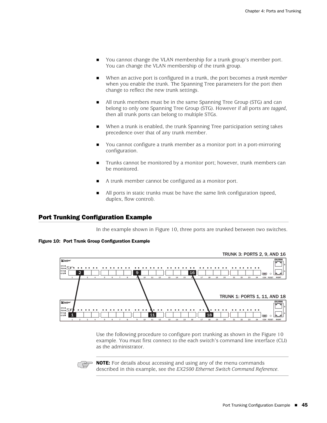 Juniper Networks EX2500 manual Port Trunking Configuration Example, Port Trunk Group Configuration Example 