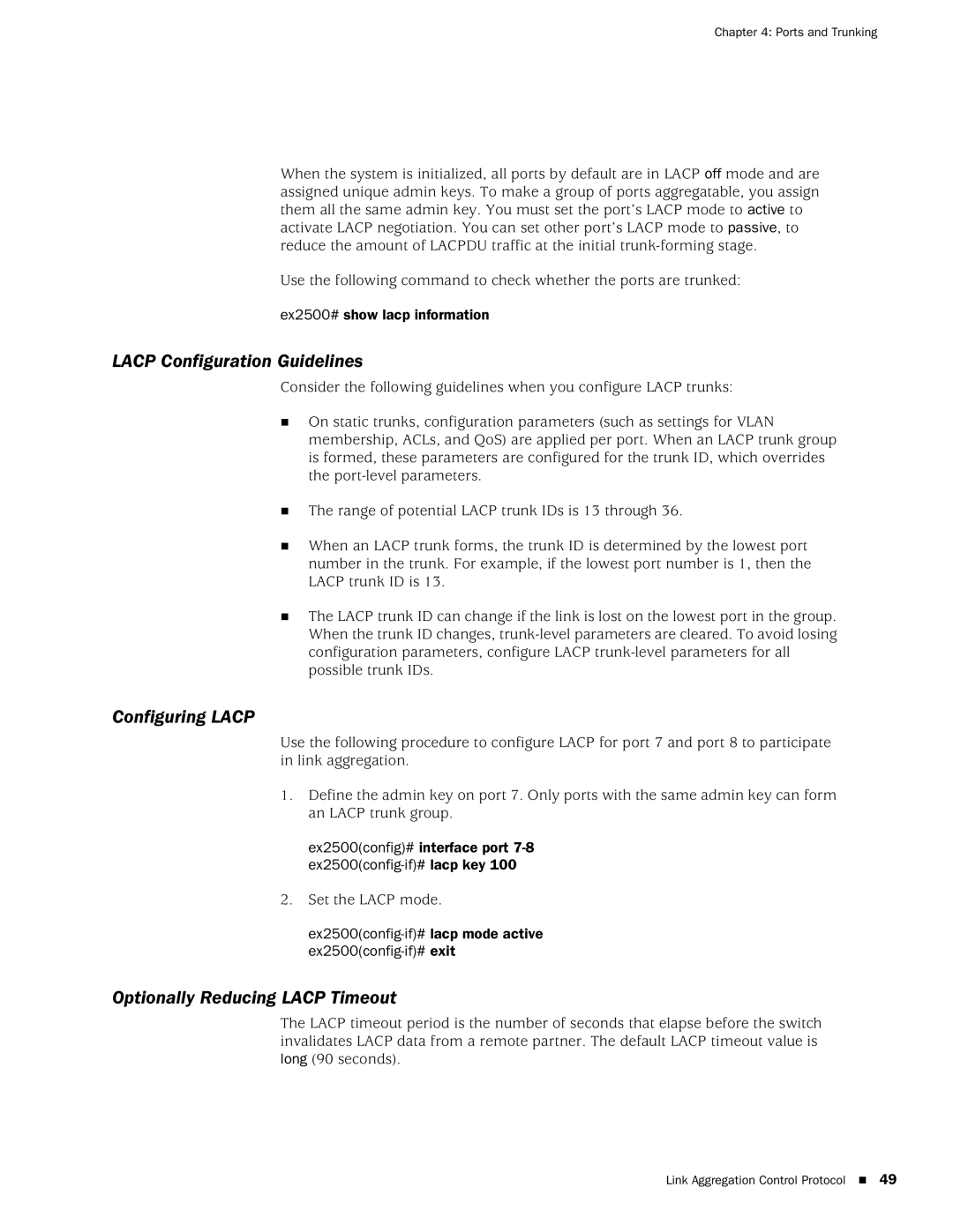 Juniper Networks EX2500 manual Lacp Configuration Guidelines, Configuring Lacp, Optionally Reducing Lacp Timeout 