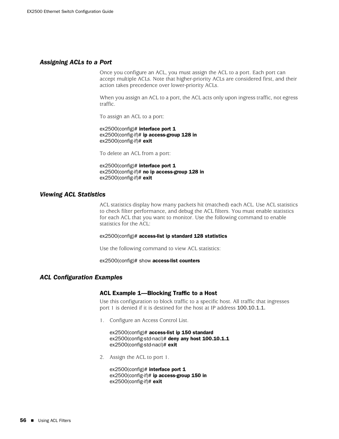 Juniper Networks EX2500 manual Assigning ACLs to a Port, Viewing ACL Statistics, ACL Configuration Examples 