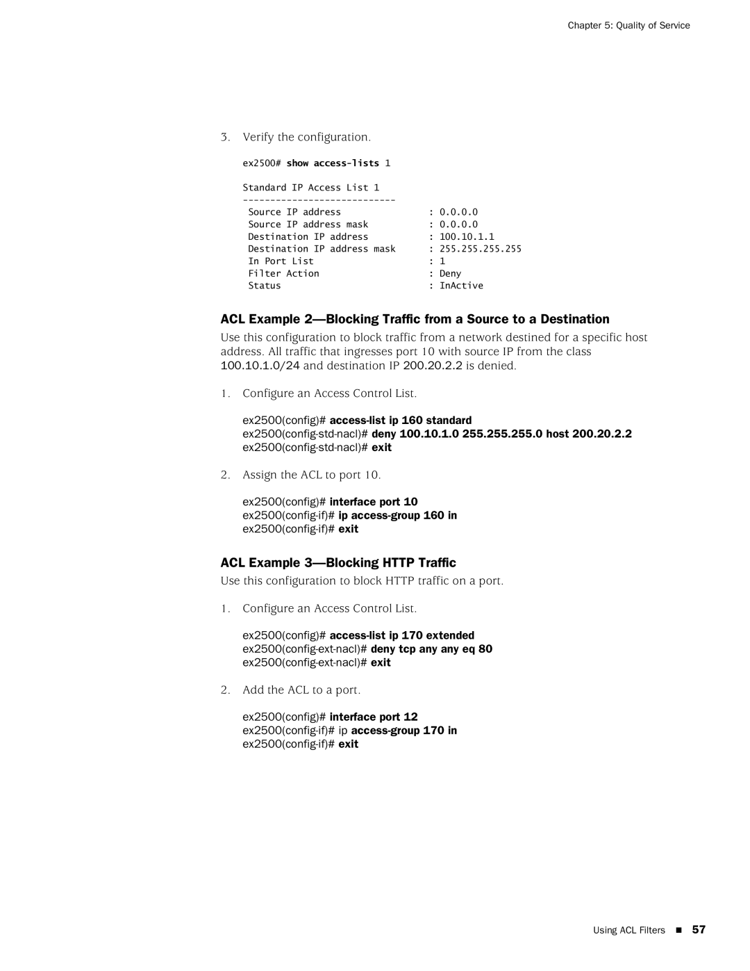 Juniper Networks EX2500 manual ACL Example 3-Blocking Http Traffic, Add the ACL to a port 