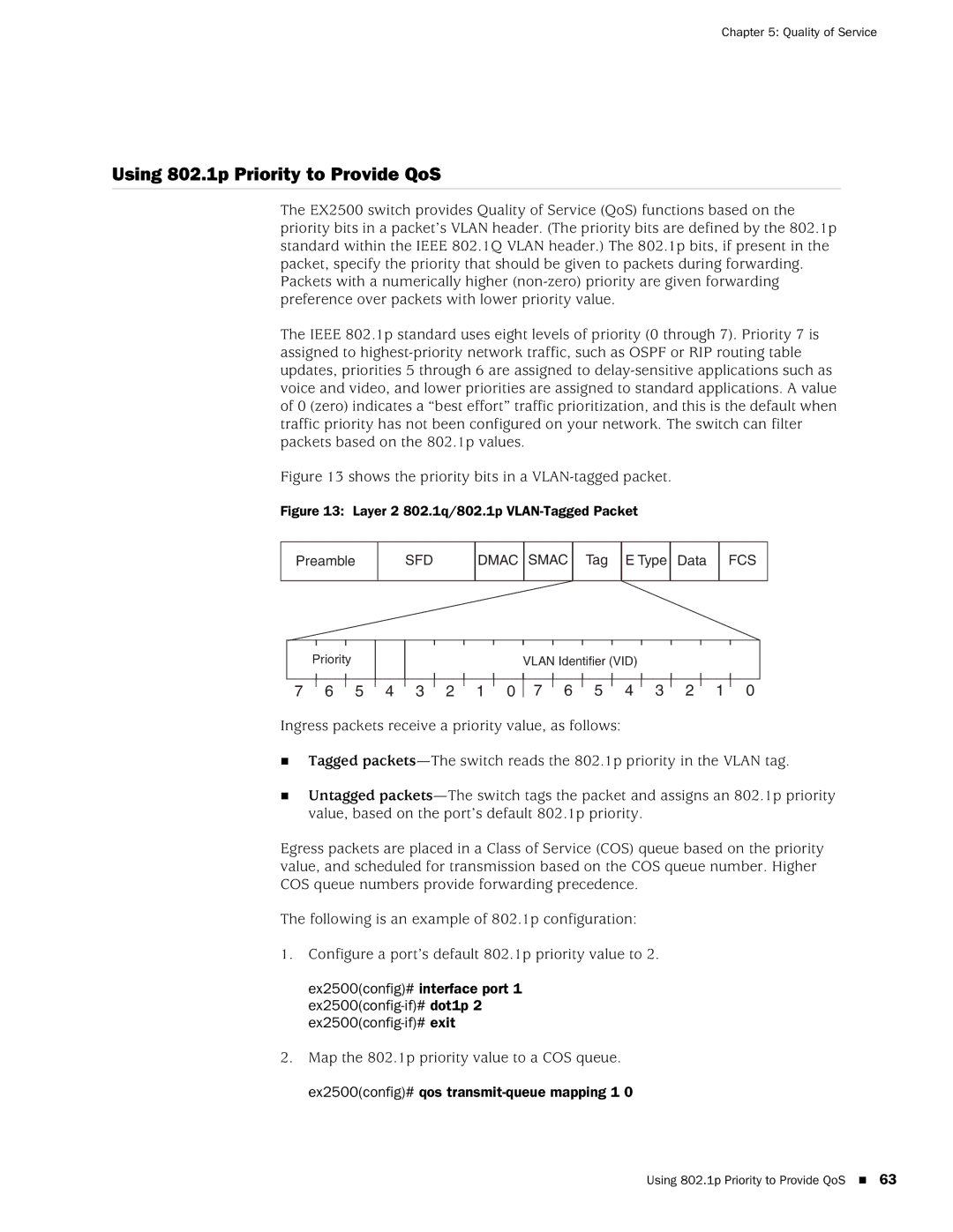 Juniper Networks EX2500 manual Using 802.1p Priority to Provide QoS, Shows the priority bits in a VLAN-tagged packet 