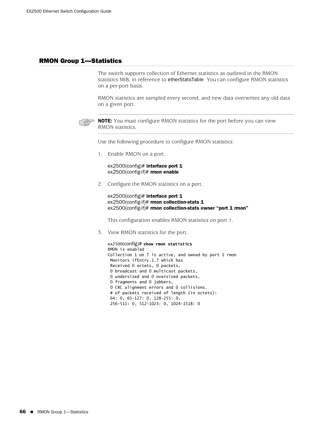 Juniper Networks EX2500 manual Rmon Group 1-Statistics, Configure the Rmon statistics on a port 