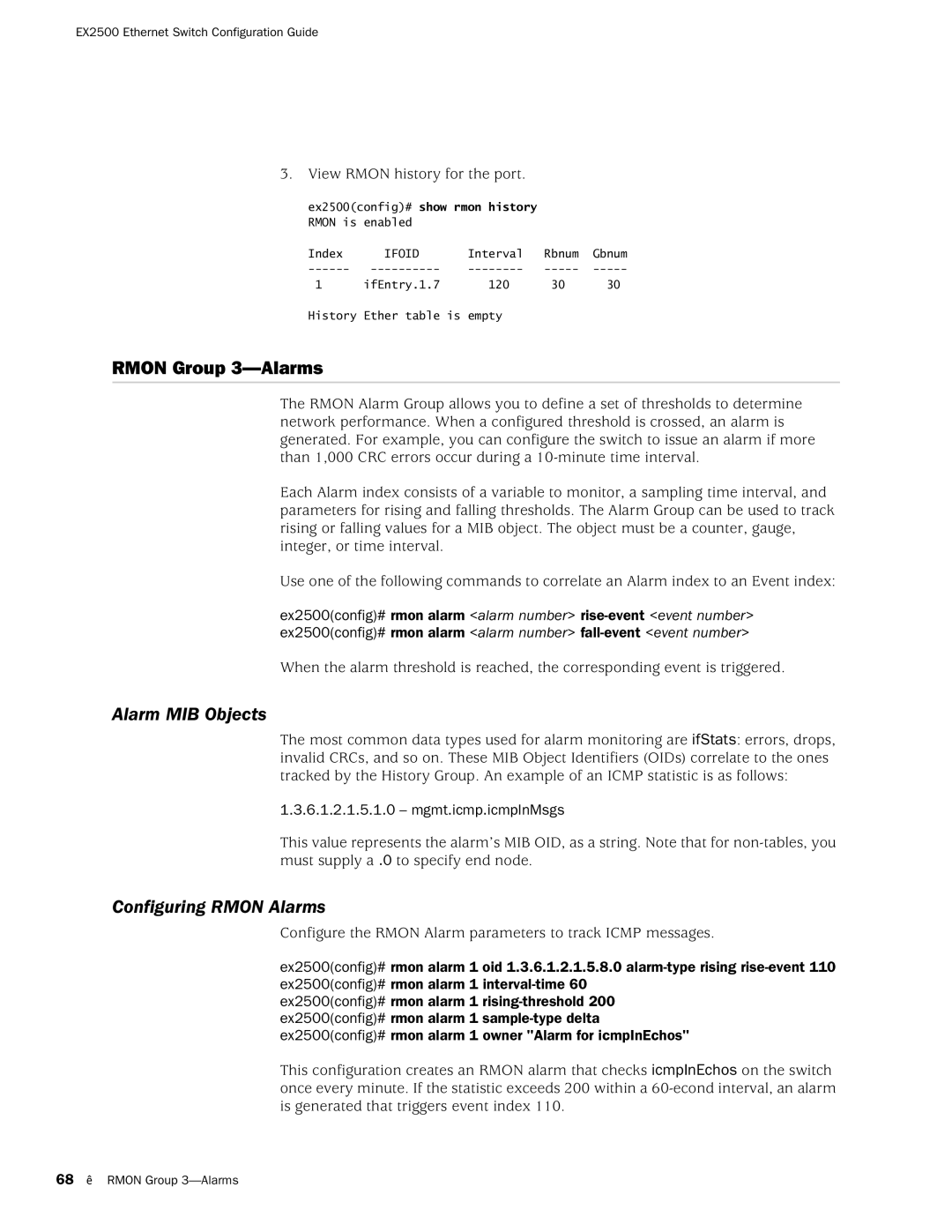 Juniper Networks EX2500 Rmon Group 3-Alarms, Alarm MIB Objects, Configuring Rmon Alarms, View Rmon history for the port 