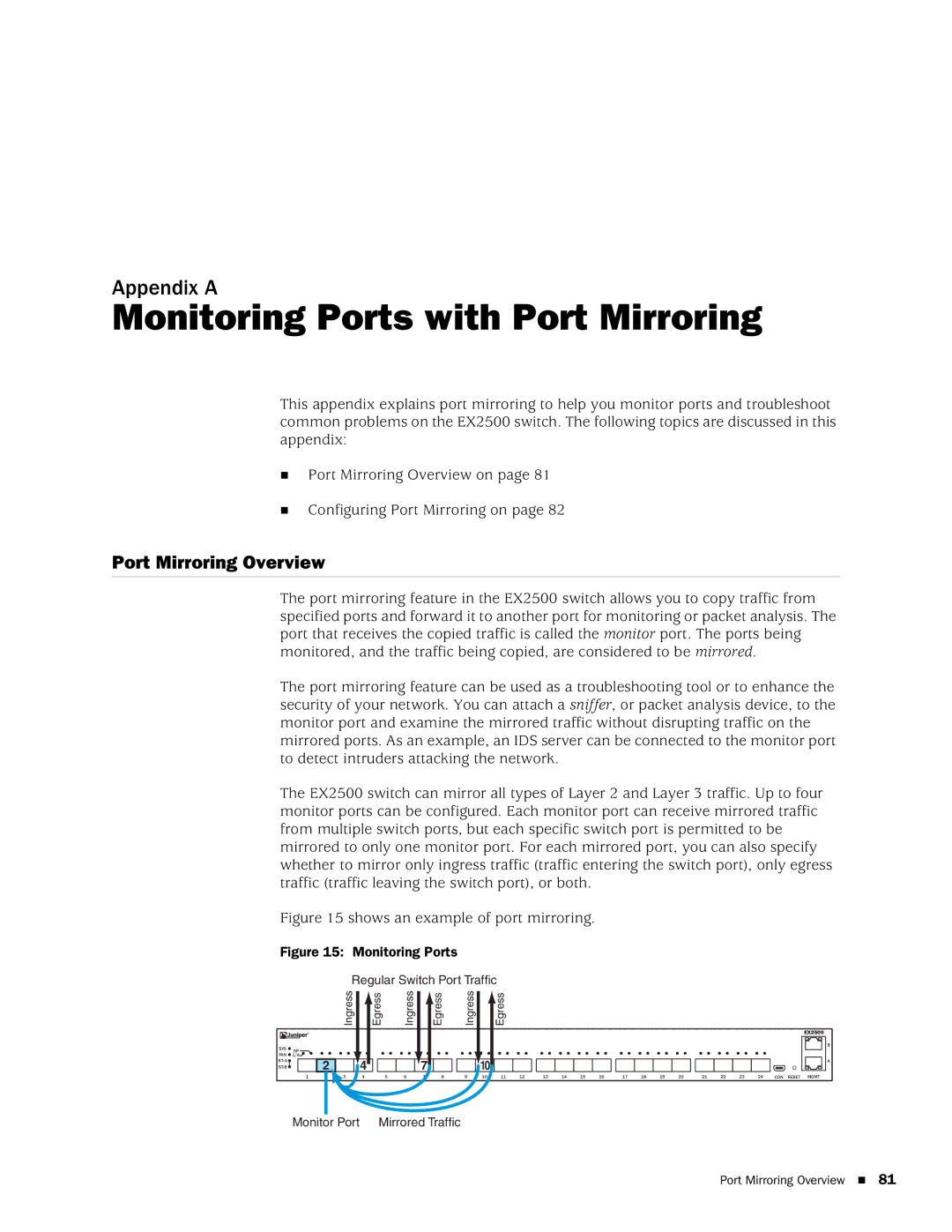 Juniper Networks EX2500 manual „ Port Mirroring Overview on „ Configuring Port Mirroring on 