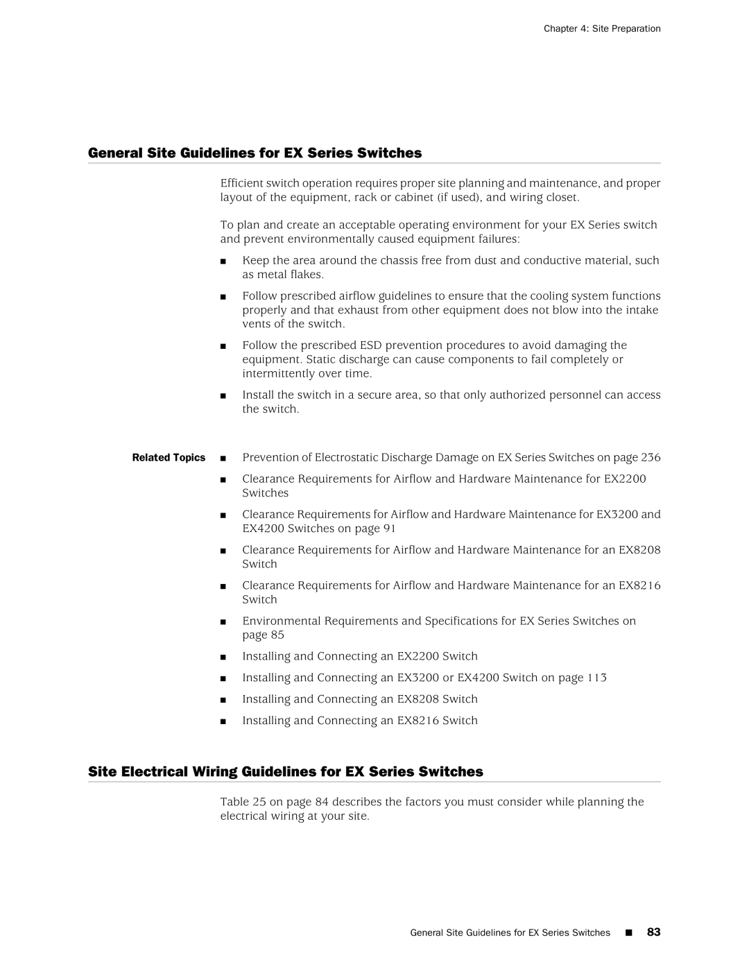 Juniper Networks EX4200, EX3200 manual General Site Guidelines for EX Series Switches, Site Preparation 