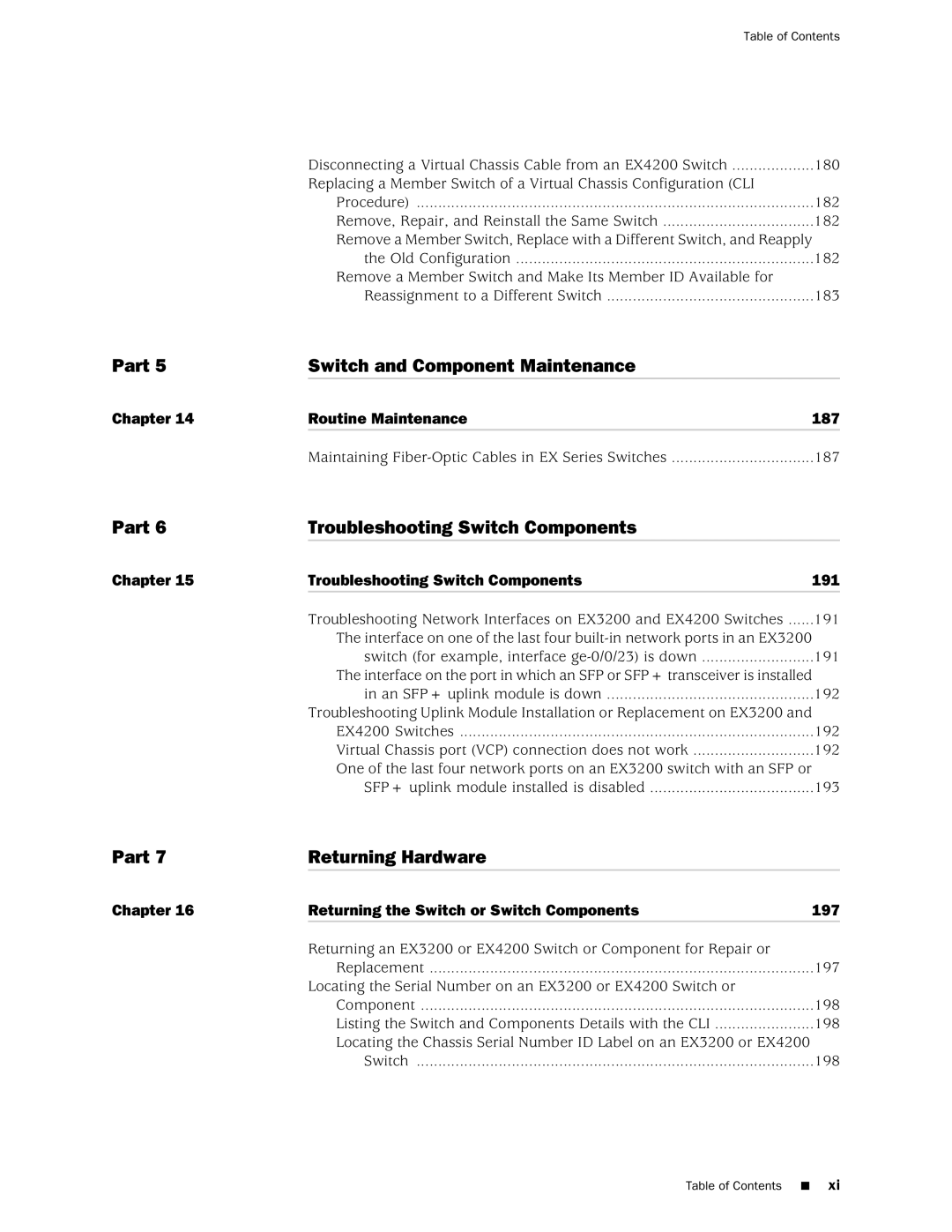 Juniper Networks EX4200, EX3200 manual Part Switch and Component Maintenance, Part Troubleshooting Switch Components 