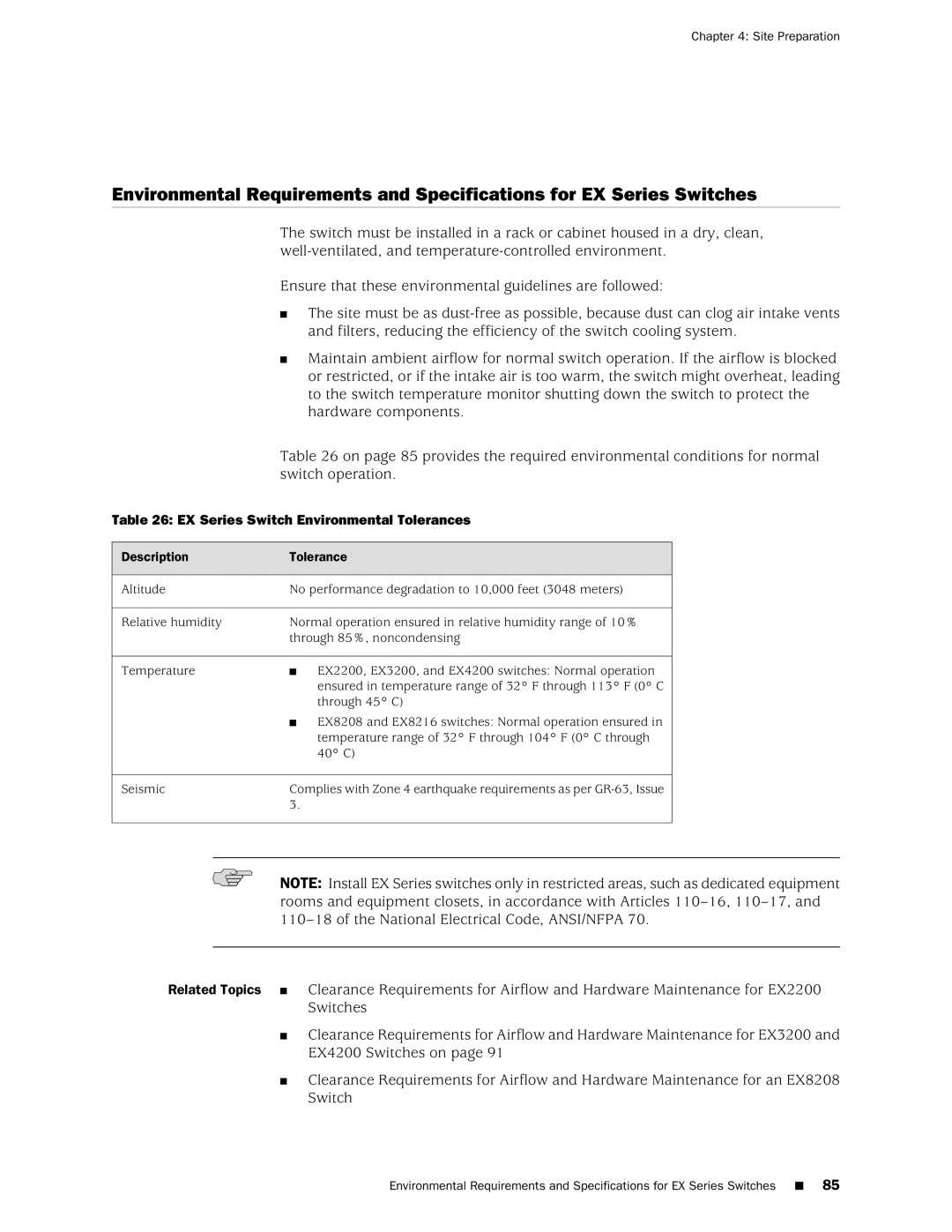 Juniper Networks EX4200, EX3200 manual EX Series Switch Environmental Tolerances, Description Tolerance 