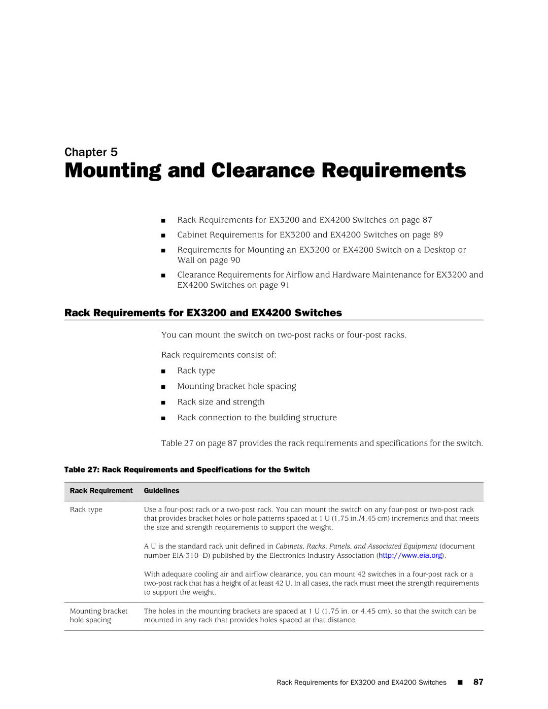 Juniper Networks manual Mounting and Clearance Requirements, Rack Requirements for EX3200 and EX4200 Switches 