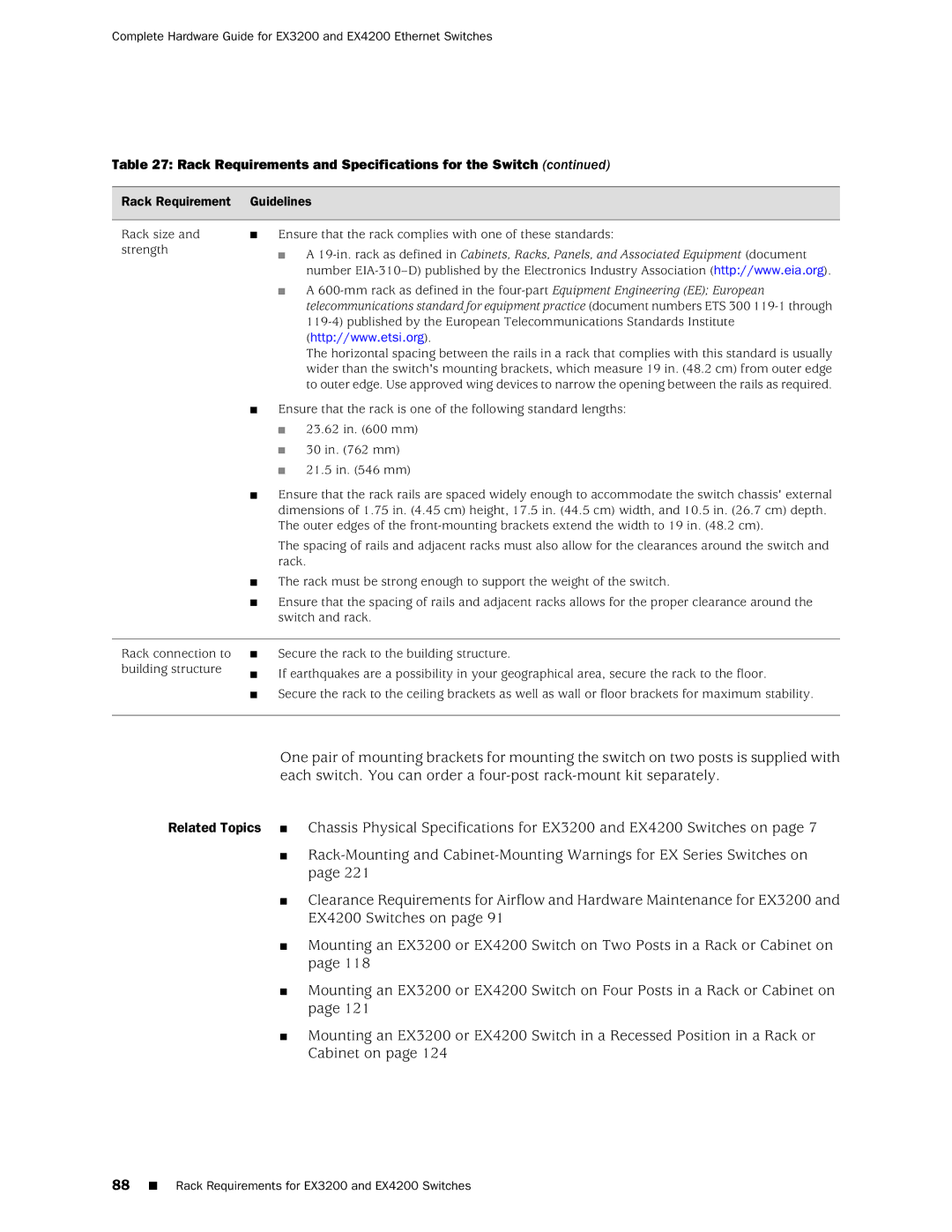 Juniper Networks EX3200, EX4200 manual Rack Requirements and Specifications for the Switch 