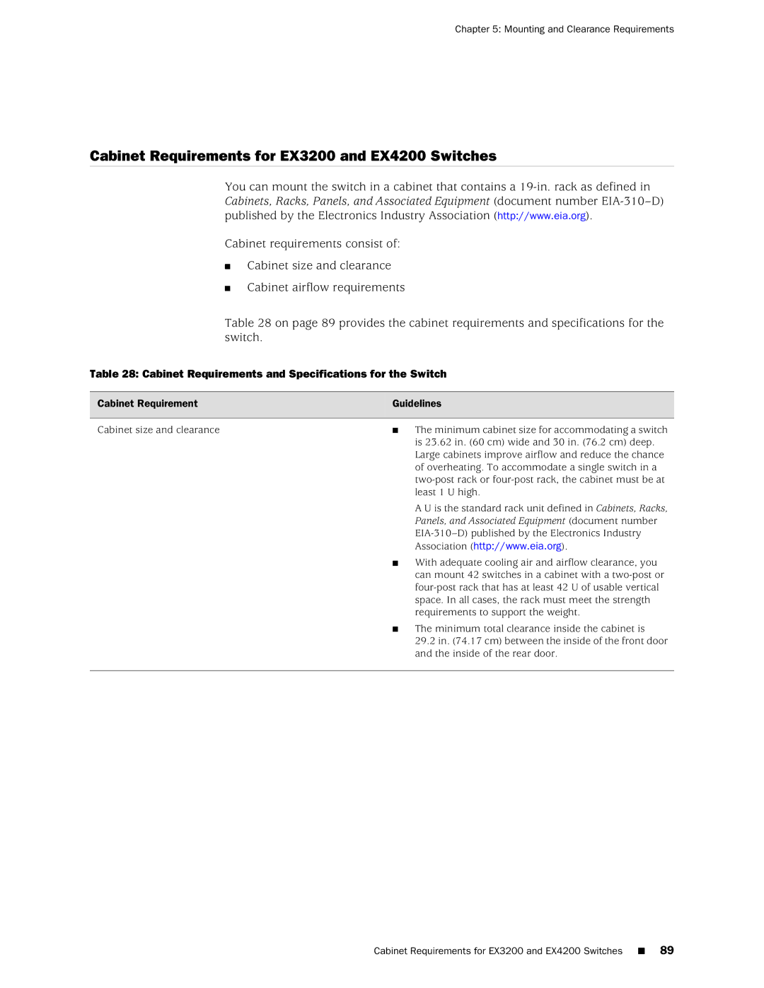 Juniper Networks manual Cabinet Requirements for EX3200 and EX4200 Switches, Mounting and Clearance Requirements 