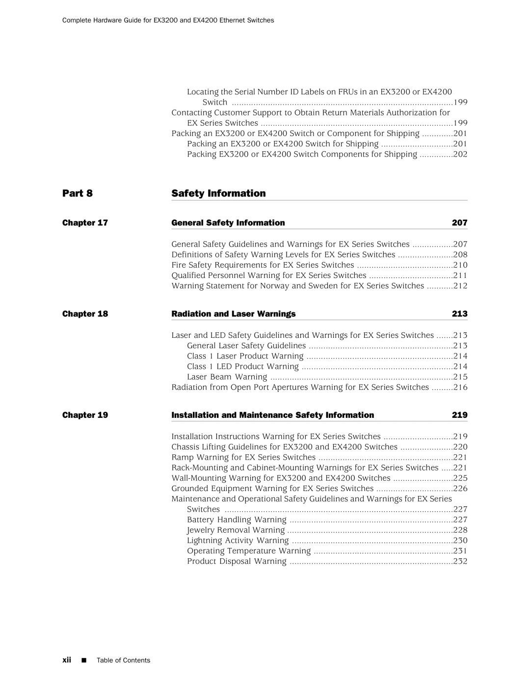 Juniper Networks EX3200, EX4200 manual Part Safety Information, Xii Table of Contents 