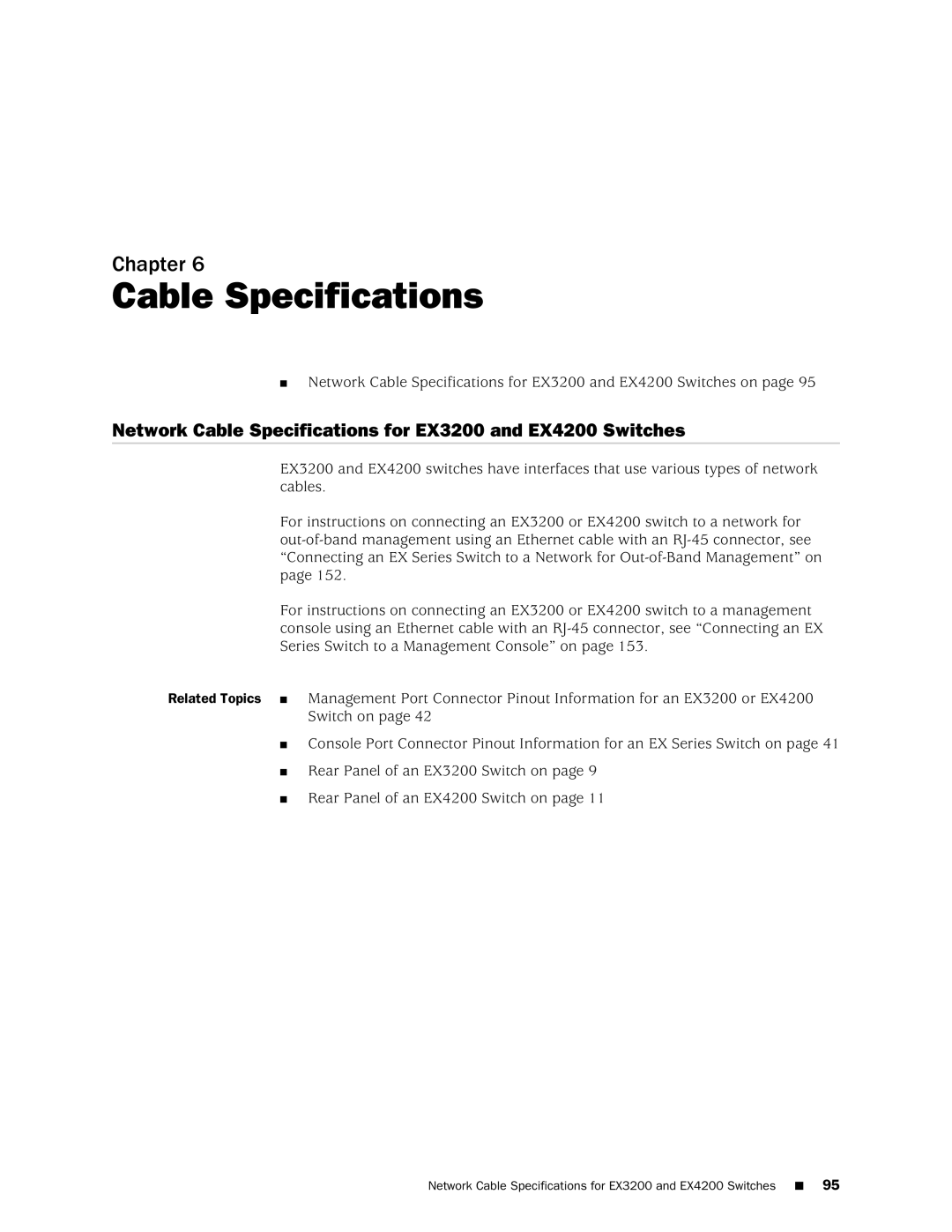 Juniper Networks manual Network Cable Specifications for EX3200 and EX4200 Switches 