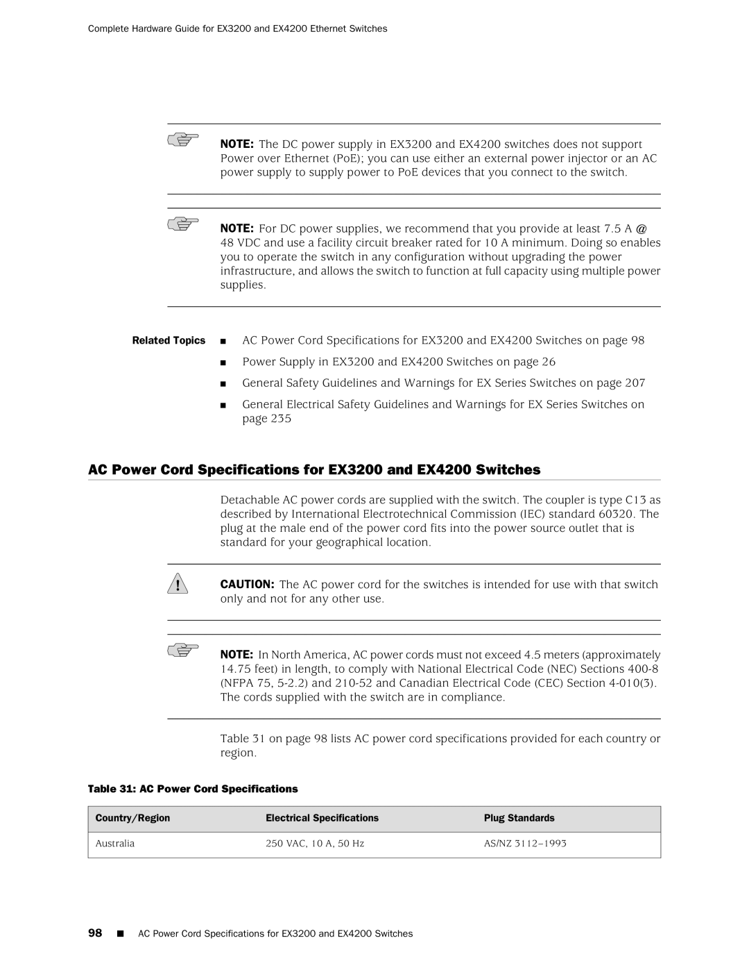 Juniper Networks manual AC Power Cord Specifications for EX3200 and EX4200 Switches 