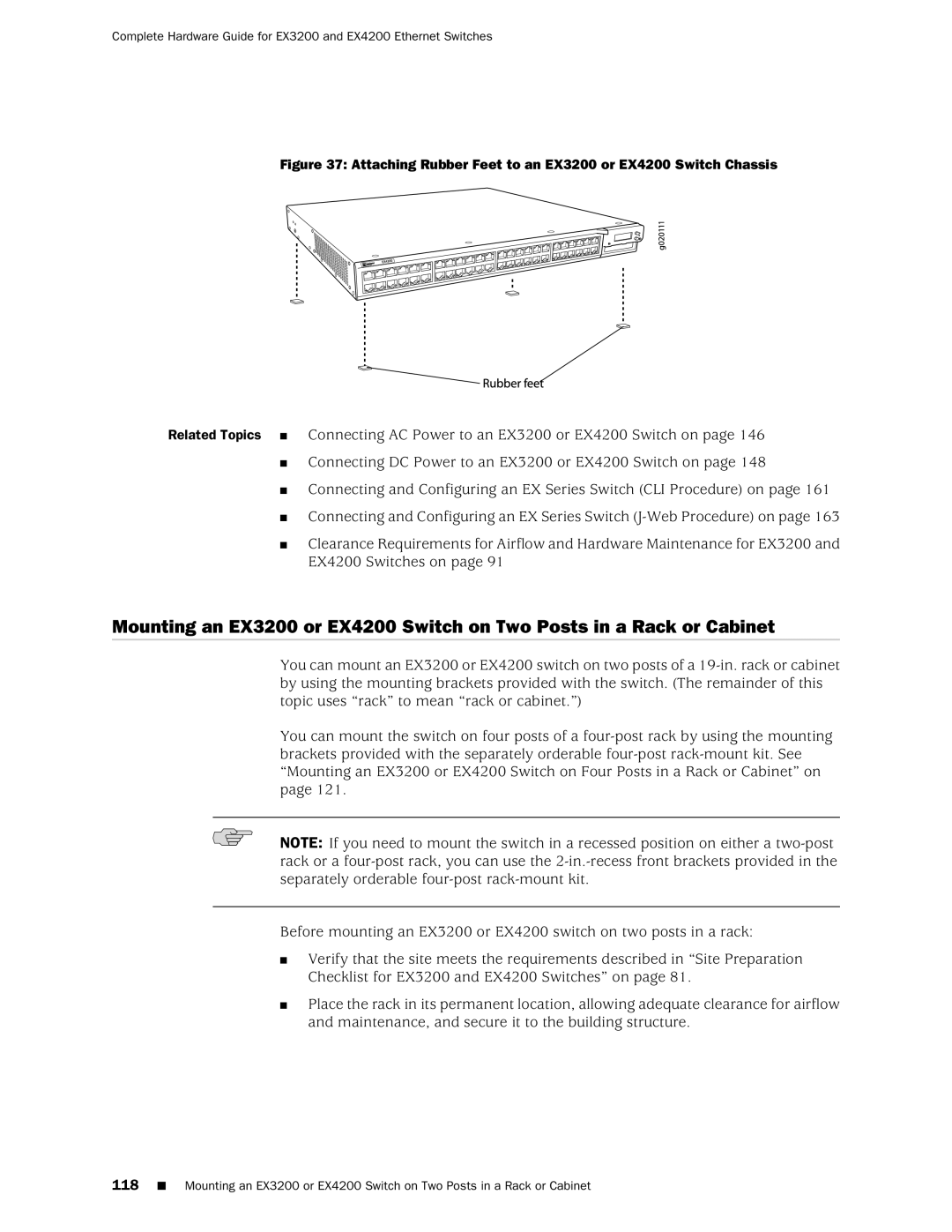 Juniper Networks manual Attaching Rubber Feet to an EX3200 or EX4200 Switch Chassis 