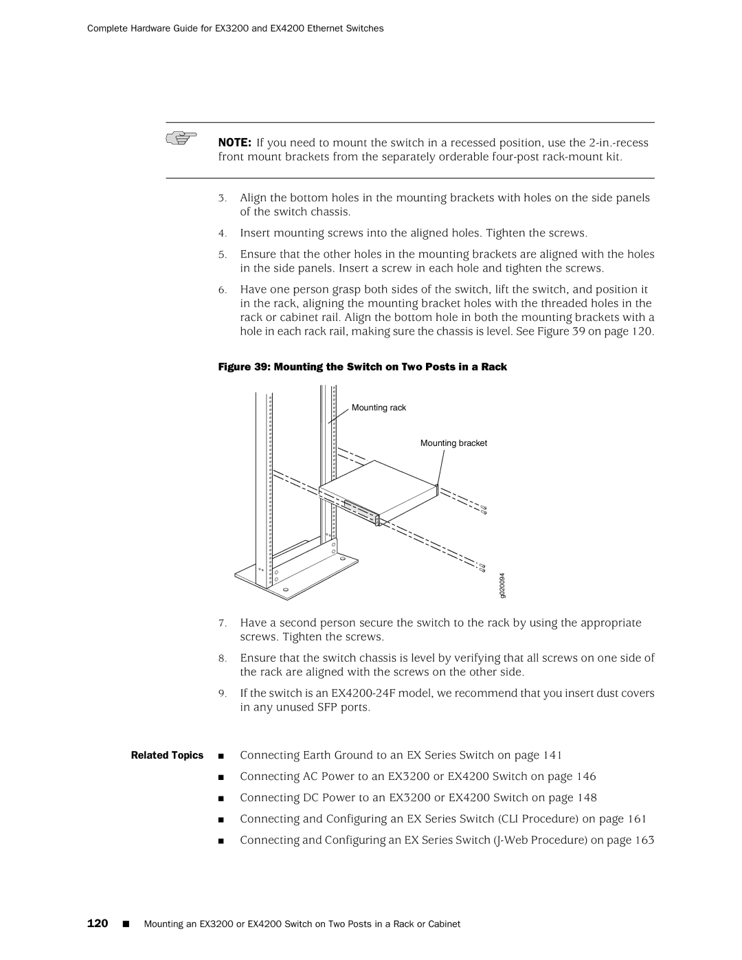 Juniper Networks EX3200, EX4200 manual Mounting the Switch on Two Posts in a Rack 