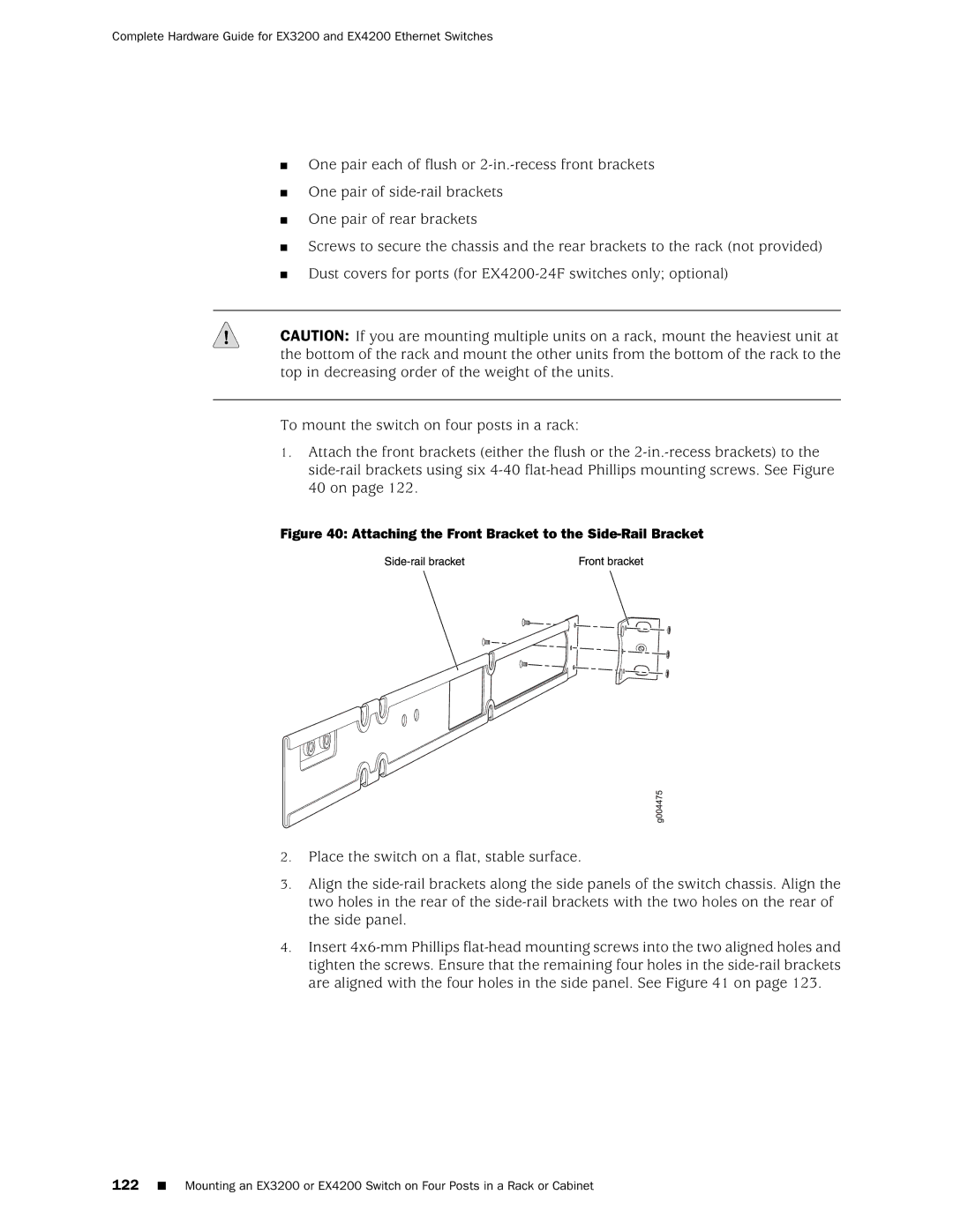 Juniper Networks EX3200, EX4200 manual Attaching the Front Bracket to the Side-Rail Bracket 