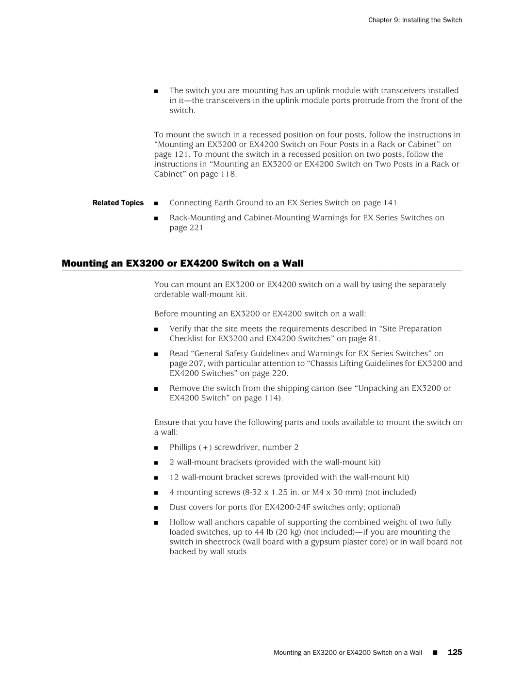 Juniper Networks manual Mounting an EX3200 or EX4200 Switch on a Wall 