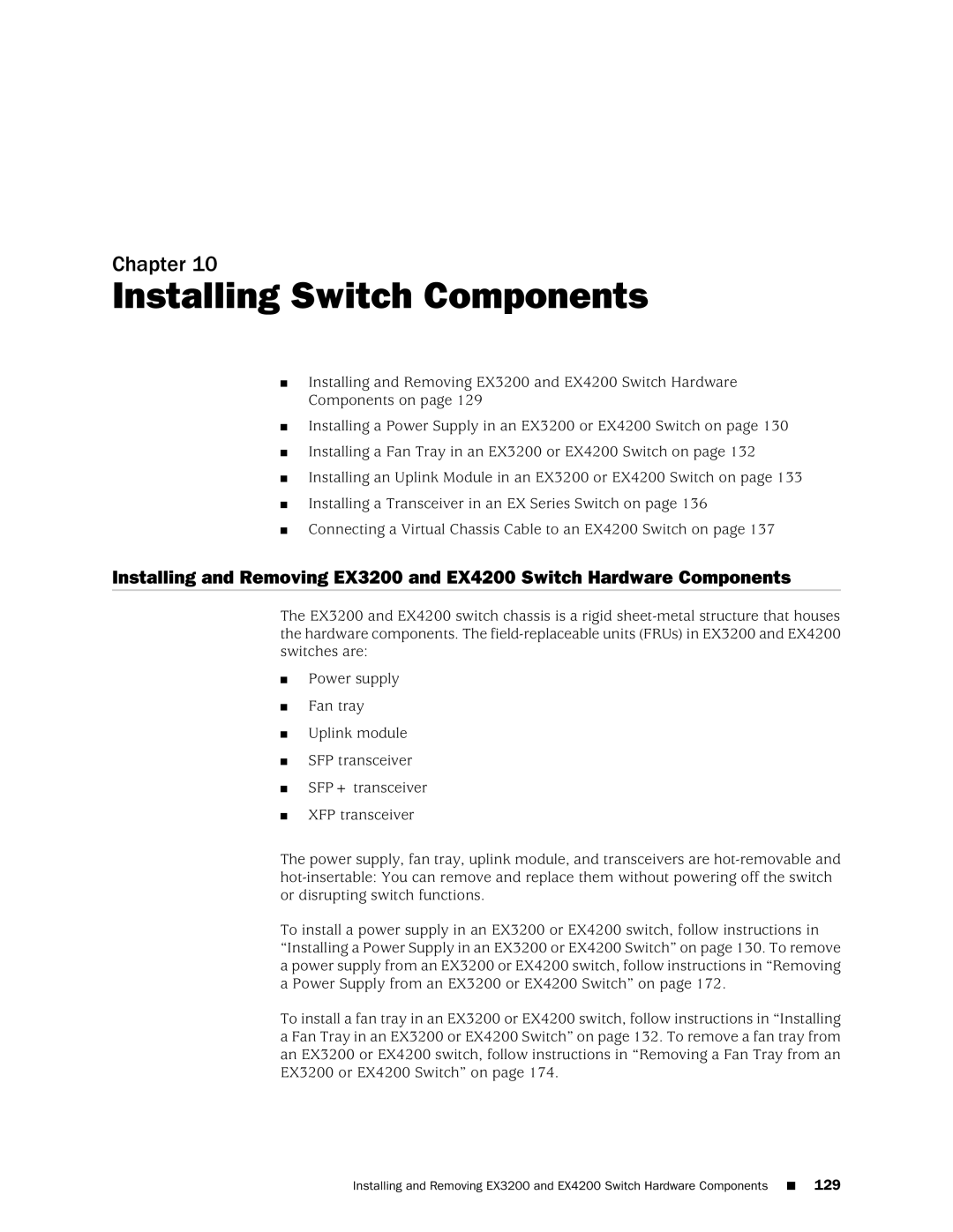 Juniper Networks EX4200, EX3200 manual Installing Switch Components 