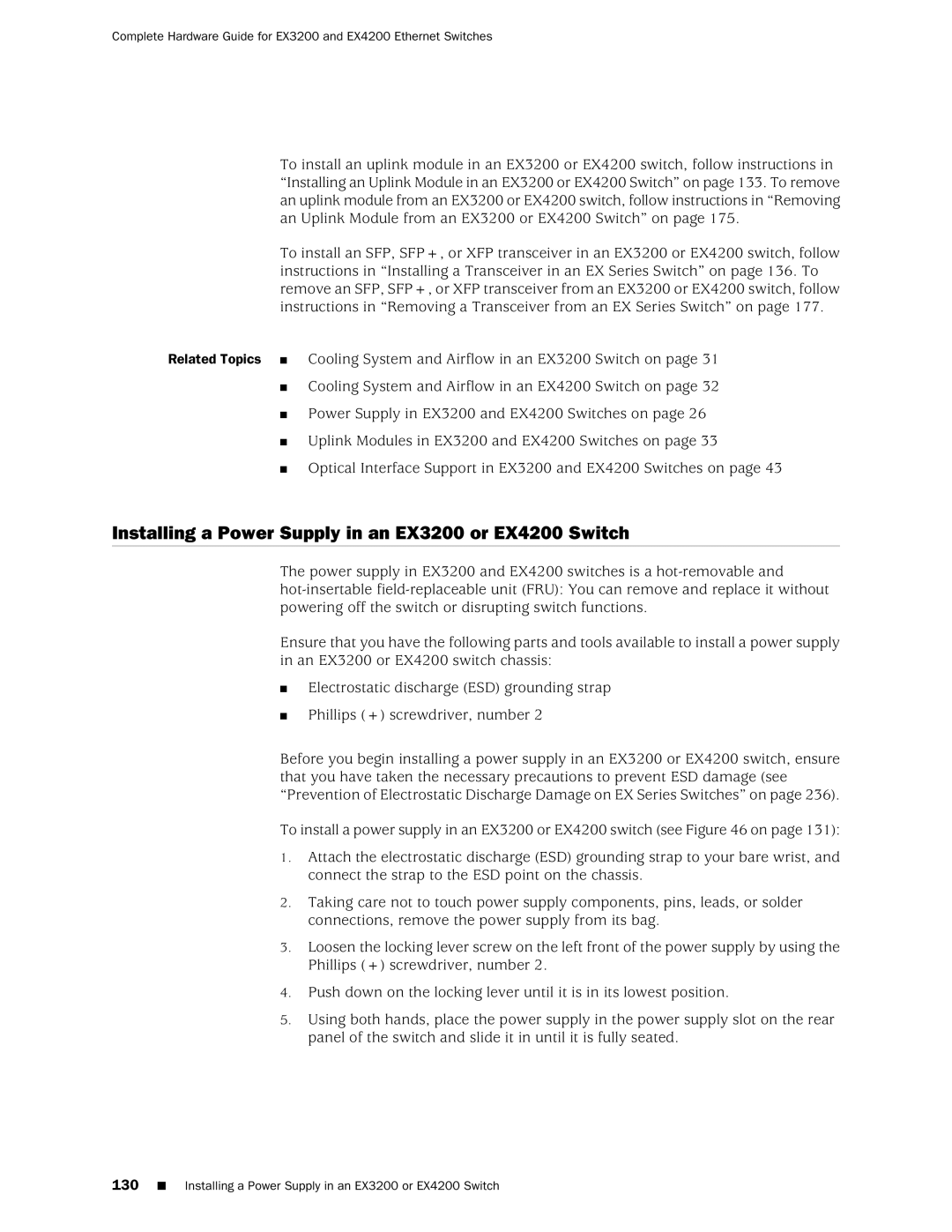 Juniper Networks manual Installing a Power Supply in an EX3200 or EX4200 Switch 