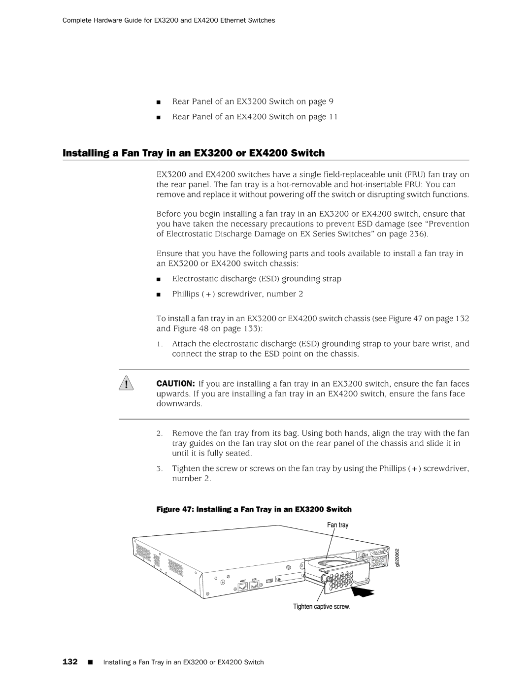 Juniper Networks manual Installing a Fan Tray in an EX3200 or EX4200 Switch 