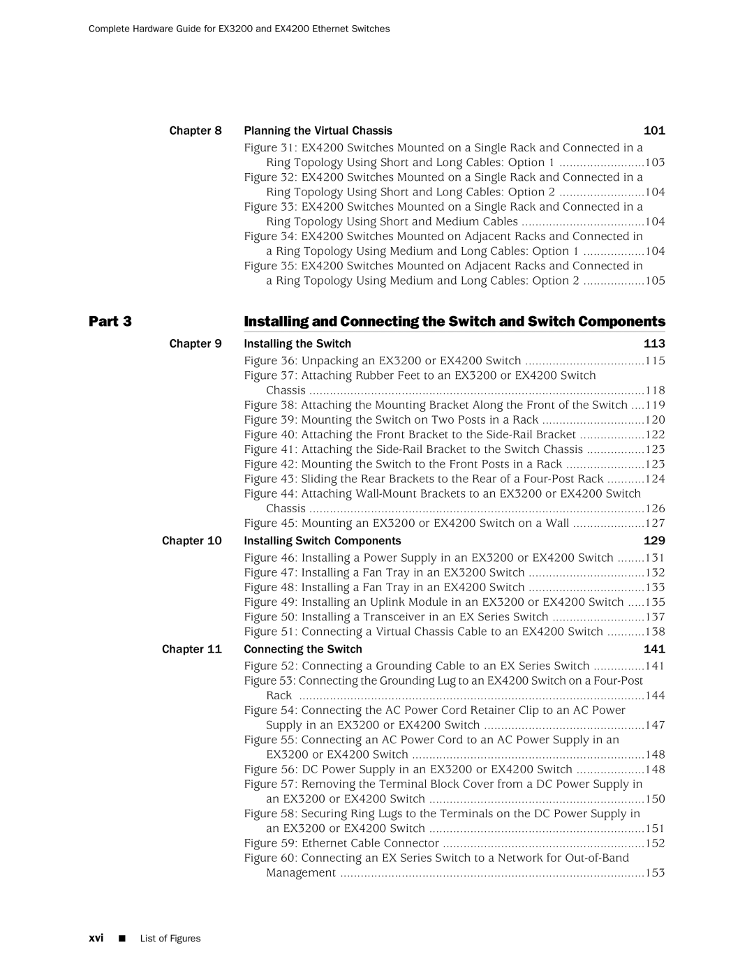 Juniper Networks EX3200, EX4200 manual Chapter Connecting the Switch, Xvi List of Figures 