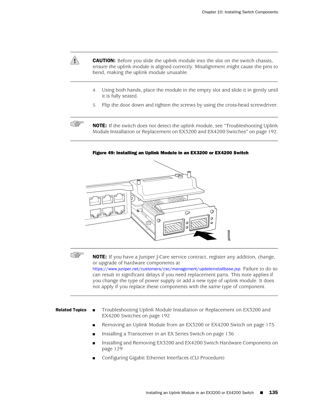 Juniper Networks manual Installing an Uplink Module in an EX3200 or EX4200 Switch 