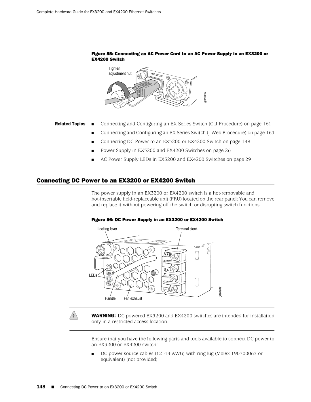 Juniper Networks manual Connecting DC Power to an EX3200 or EX4200 Switch 