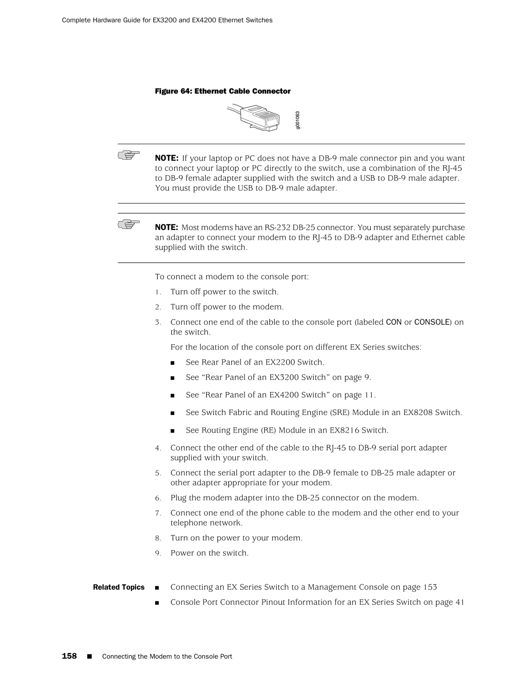 Juniper Networks EX3200, EX4200 manual Ethernet Cable Connector 