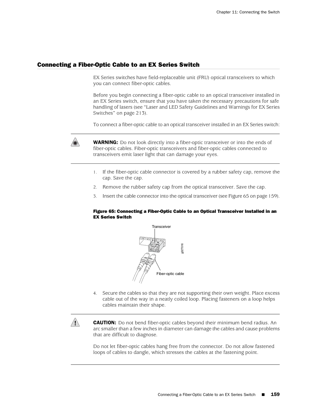 Juniper Networks EX4200, EX3200 manual Connecting a Fiber-Optic Cable to an EX Series Switch 