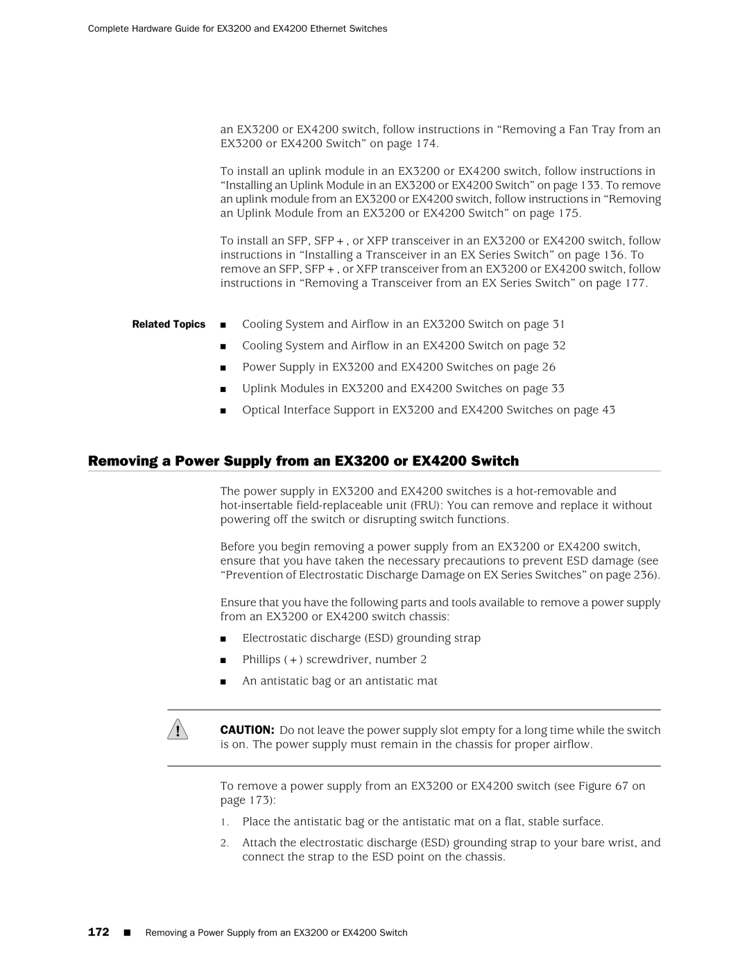 Juniper Networks manual Removing a Power Supply from an EX3200 or EX4200 Switch 