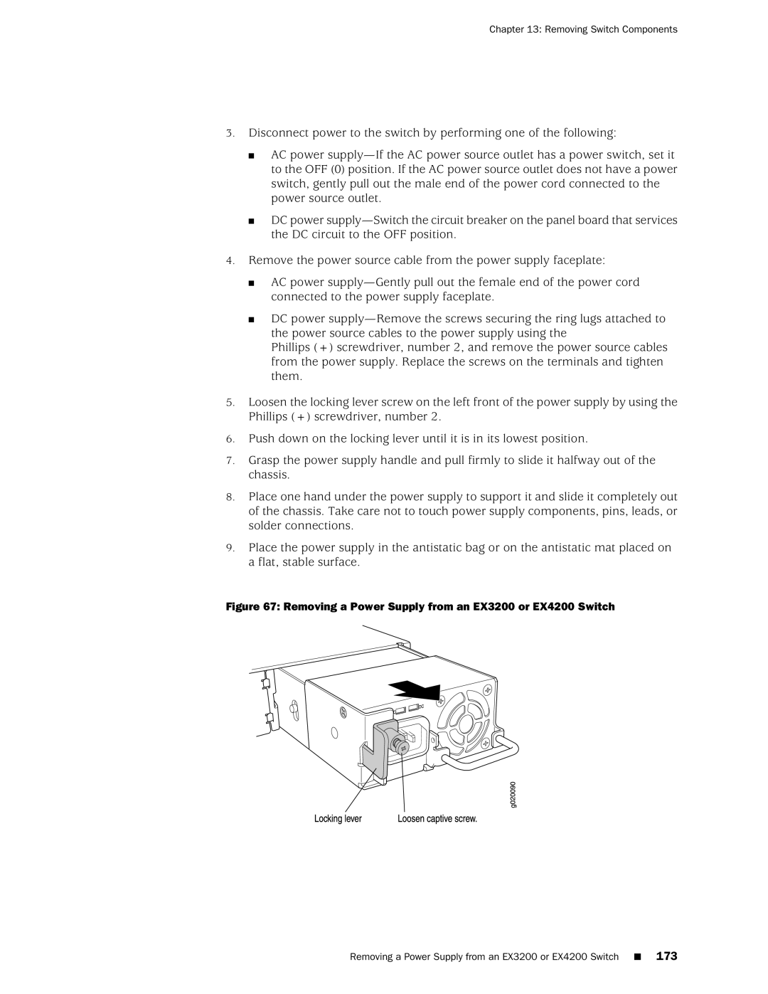 Juniper Networks manual Removing a Power Supply from an EX3200 or EX4200 Switch 